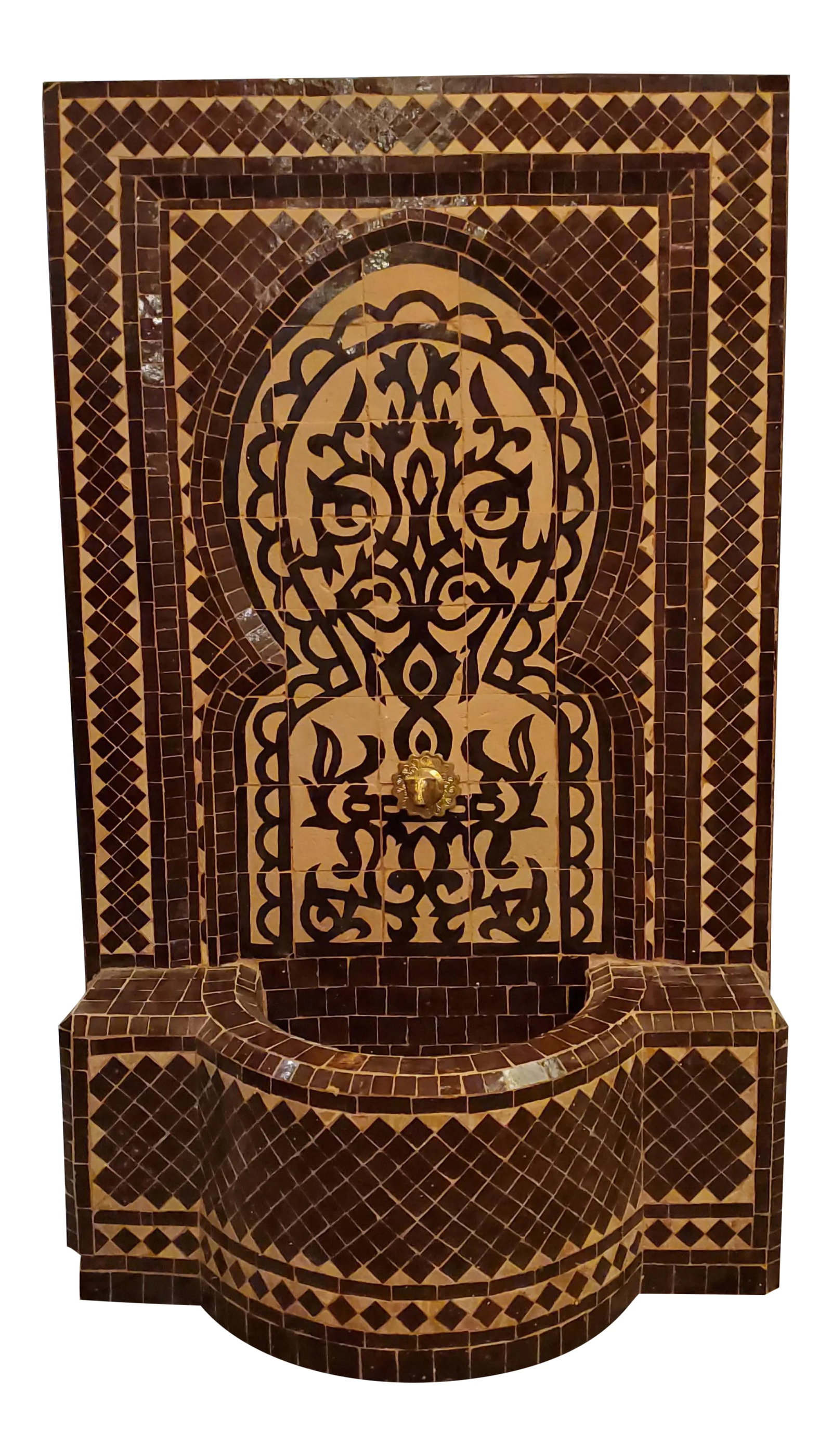Brown and Tan Moroccan Mosaic Fountain: Very typical Moroccan mosaic fountain handmade in Morocco. Tree of life style. This fountain is usually found in courtyards and Riads all over Morocco. It measures approximately 51'' high and 30''