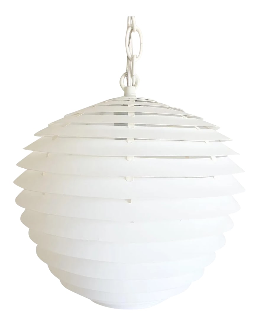 1960s Danish Modern Pendant Light: Simply stunning 1960s Danish modern louvered artichoke-shaped pendant light designed by Kokon with eighteen tiered layers in soft creamy white with central light. Unsold store stock with original
