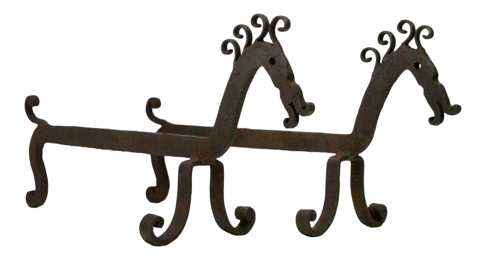 Antique Andirons - Wrought Iron Folk Art - A Pair: Early 20th century hand-wrought folk art andirons in the form of curly maned horses. Circa 1900. Condition: Alterations: Original Condition Unaltered Imperfections: Some Imperfections Condition