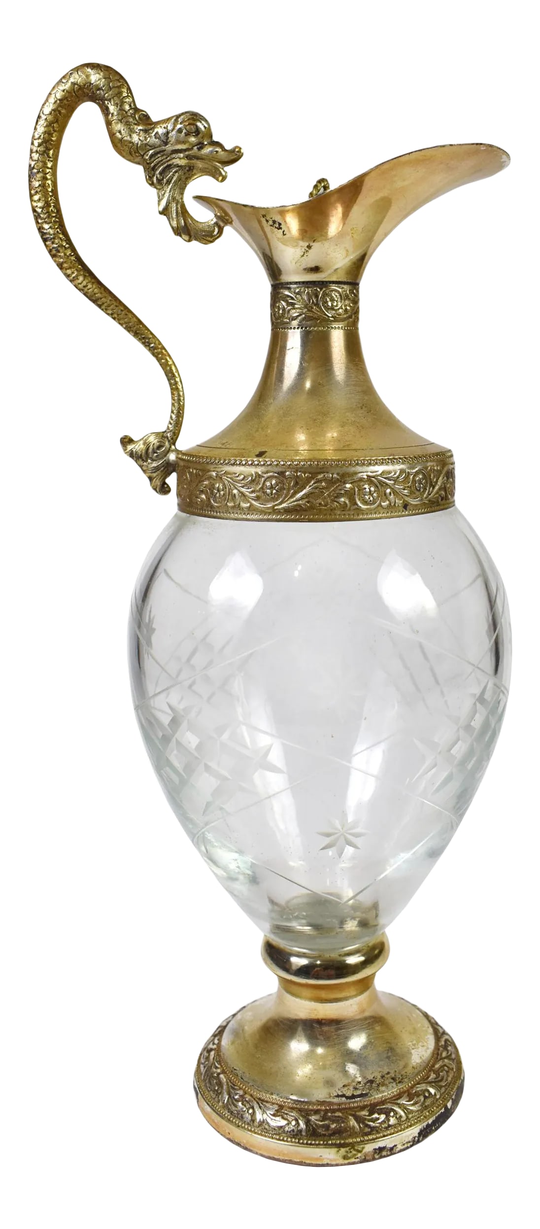 Vintage Italian Victorian Silver Plated Cut Etched Glass Wine Decanter Claret Jug: The body made from crystal and has stunning cut designs with unique handle and floral pattern silver plated base and top. It is an elegant piece that would be perfect with any dining experience. -Made