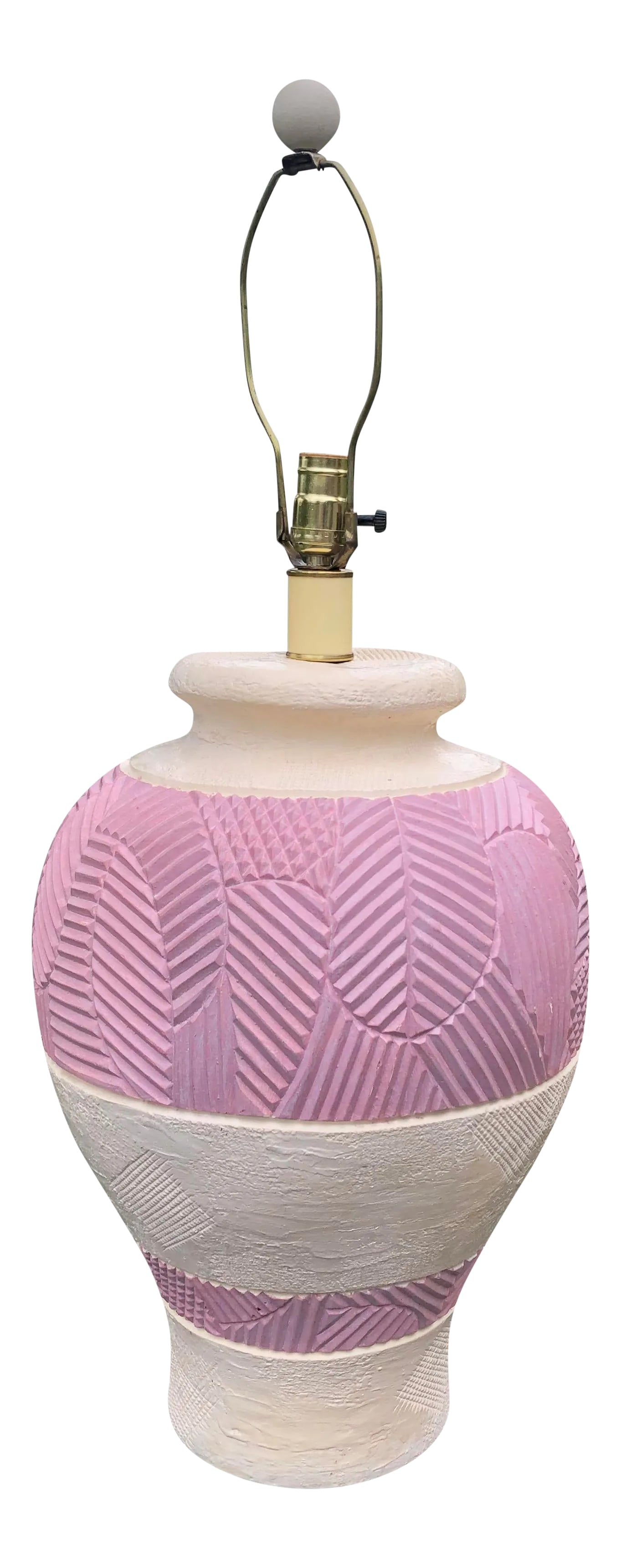 1980s Large Vintage Plaster Table Lamp: Nice vintage plaster lamp, cream with bands of incised pink tropical leaves. Looks like a lamp you'd find on a Golden Girls episode. Lamp measures 31" to top of finial, 24" to top of socket. Finial