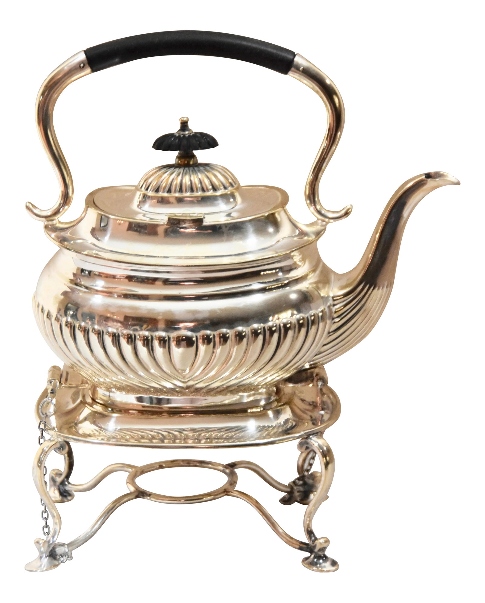 Sheffield Silver Plate Locking Tilting Kettle on Stand W/ Burner: Sheffield silver plate coffee-tea kettle, in the traditional Georgian style Silver Plate. Made in England. Hand Soldered. Insulated handle is genuine ebony. There is just enough wear for a little anti