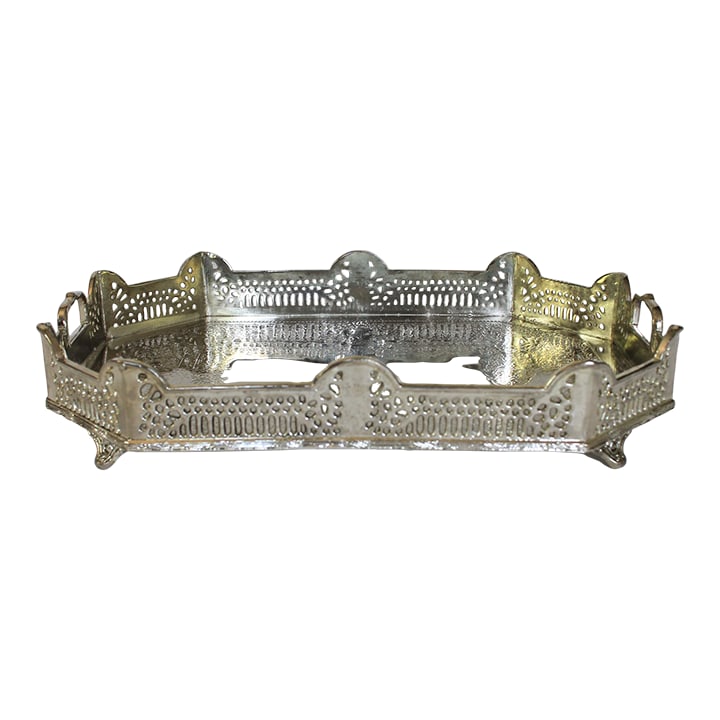 Vintage Edwardian-Style Reticulated Serving Tray: Vintage Edwardian style footed serving tray. The tray is silver in color with reticulated sides and scalloped edges. Weighs approx. 6lbs 3oz. No makers mark. Minor age wear. Condition: Alterations: