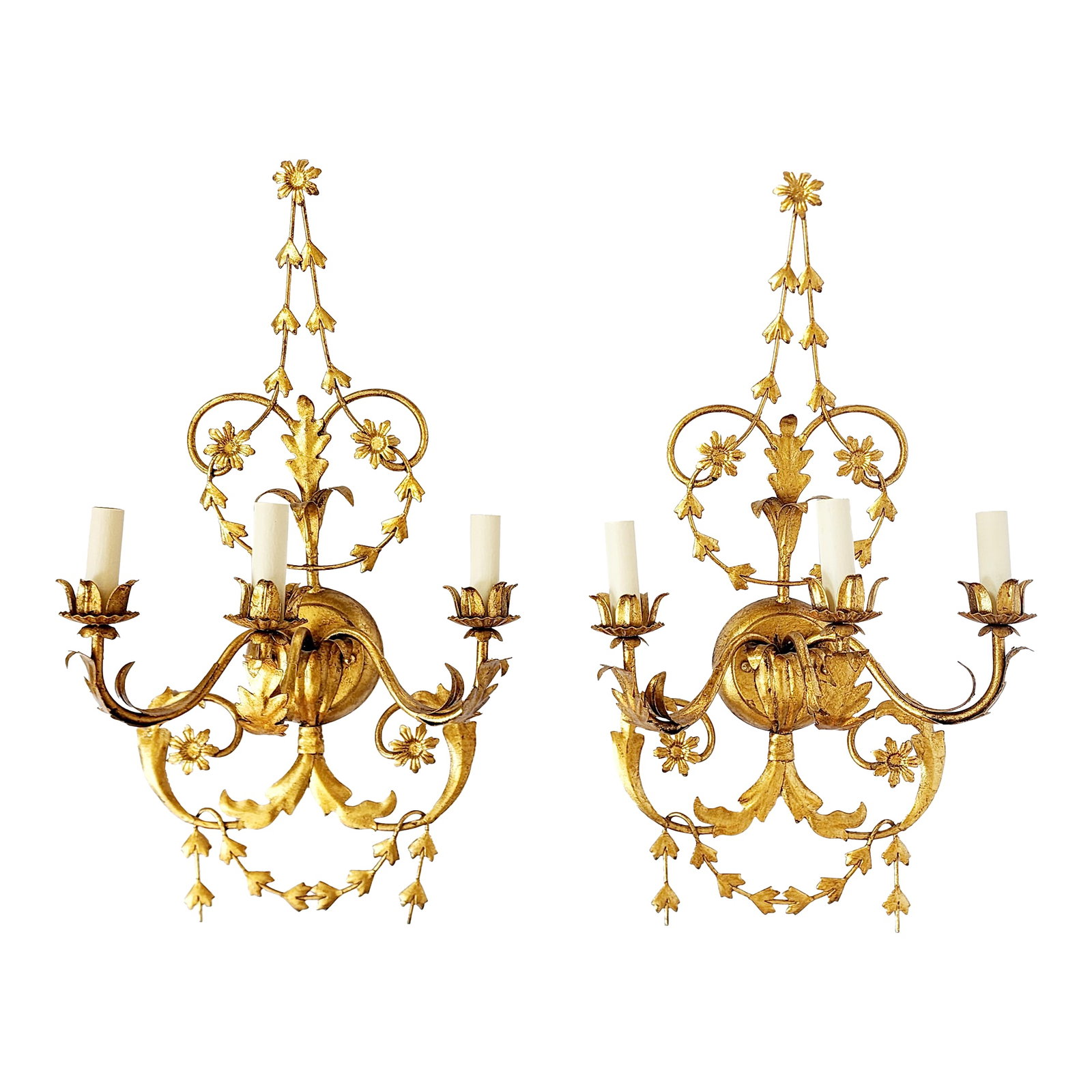 Vaughan Lighting Adam Style Gilt Metal 3 Lights Wall Sconces- A Pair (1 of 12)