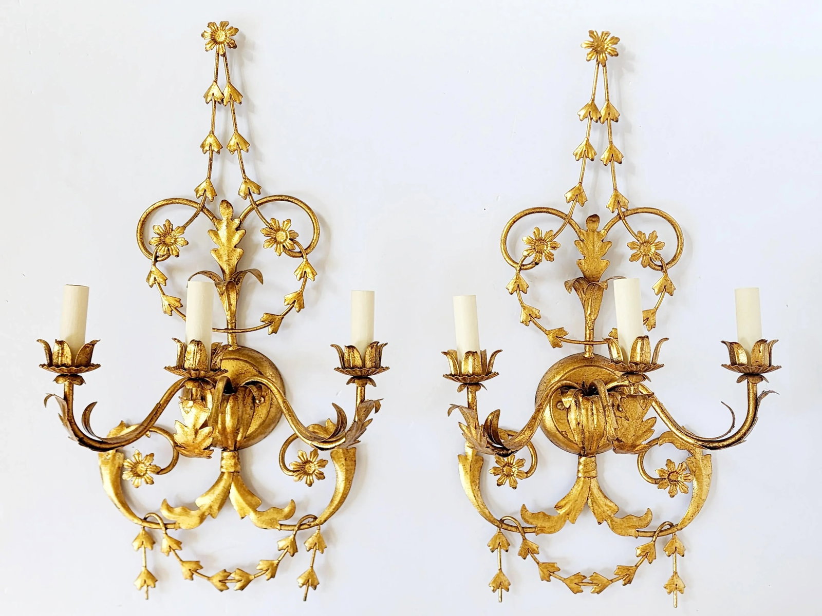 Vaughan Lighting Adam Style Gilt Metal 3 Lights Wall Sconces- A Pair - 2