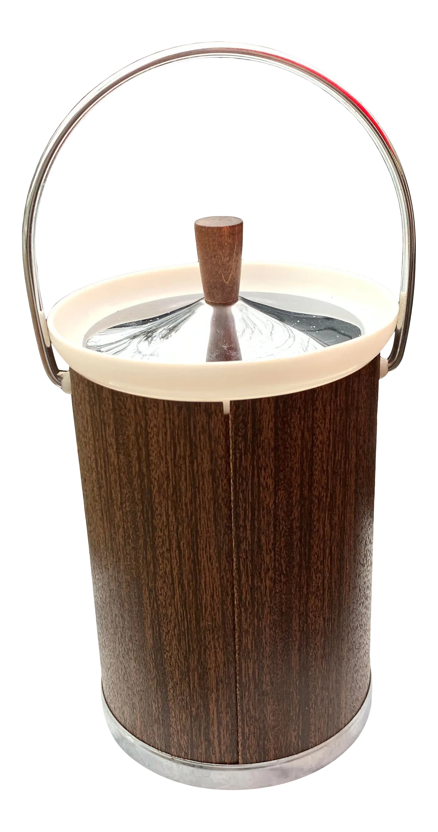 Mid-Century Kromex Faux Wood Ice Bucket With Lid- Two Pieces: Faux wood and chrome Kromex ice bucket in good shape. Would be the perfect addition to your modern bar cart / home. Condition: Alterations: Original Condition Unaltered Imperfections: Some