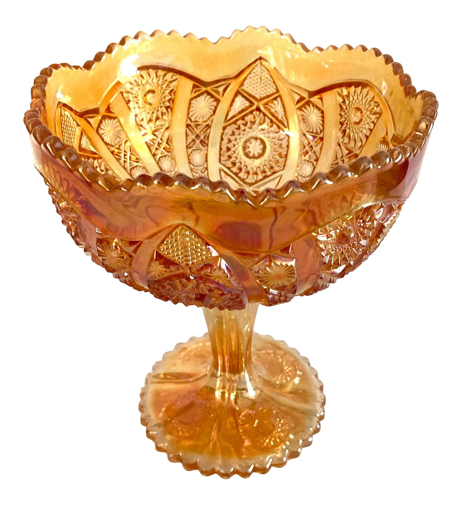 Vintage Fenton Carnival Glass Compote in Amber 8.25" Tall (1 of 5)
