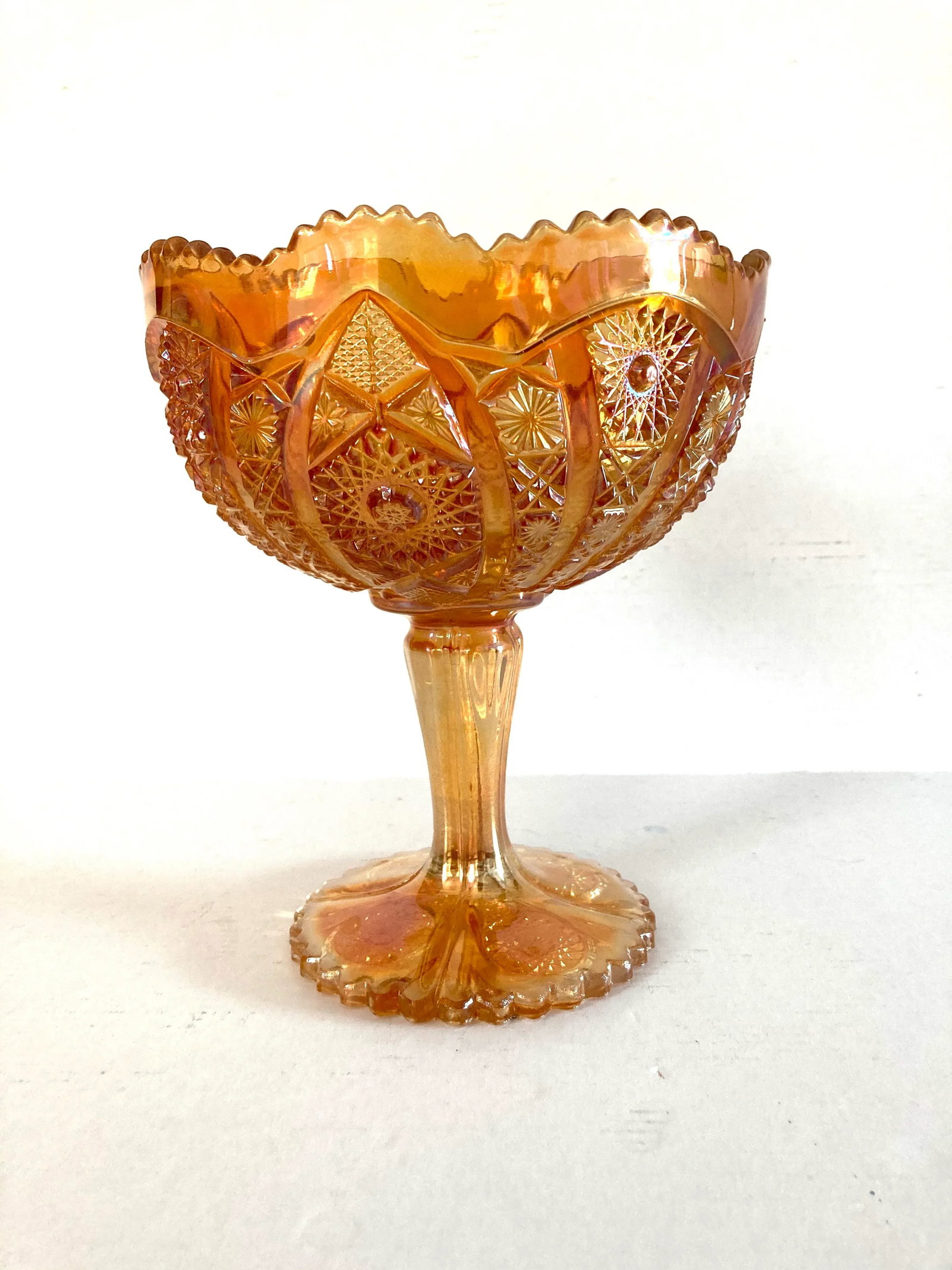Vintage Fenton Carnival Glass Compote in Amber 8.25" Tall - 2