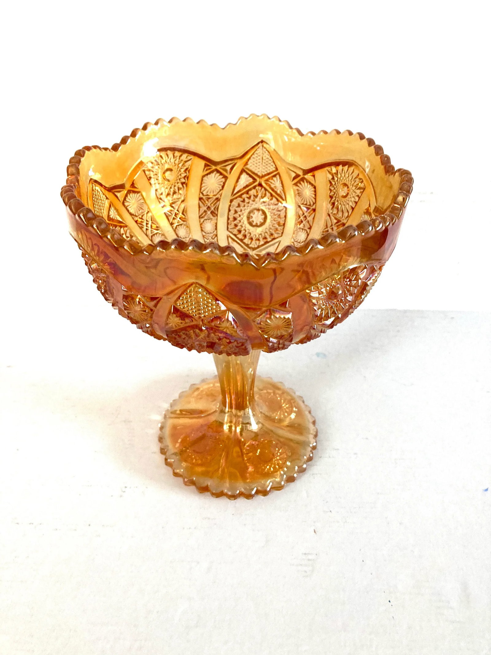 Vintage Fenton Carnival Glass Compote in Amber 8.25" Tall - 5