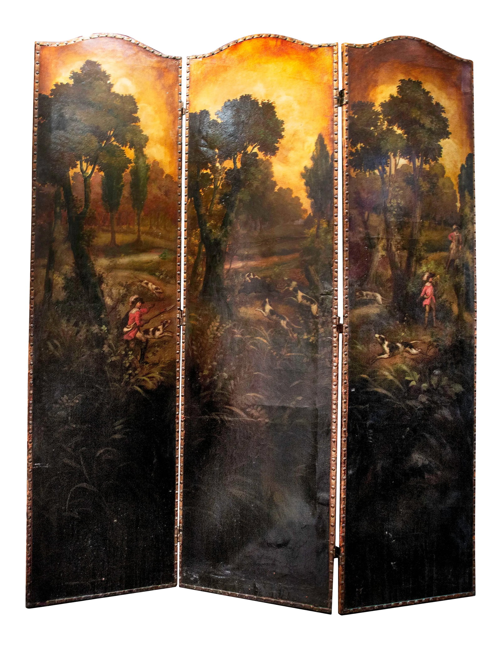 Late 19th Century Painted Screen With Hunt Scene: Late 19th Century English Painted Screen with Hunt Scene. Three arched painted leather panels with burlap back and brass tack edges. 72.25 x 20" (each panel) Condition: Alterations: Restored Imperfect