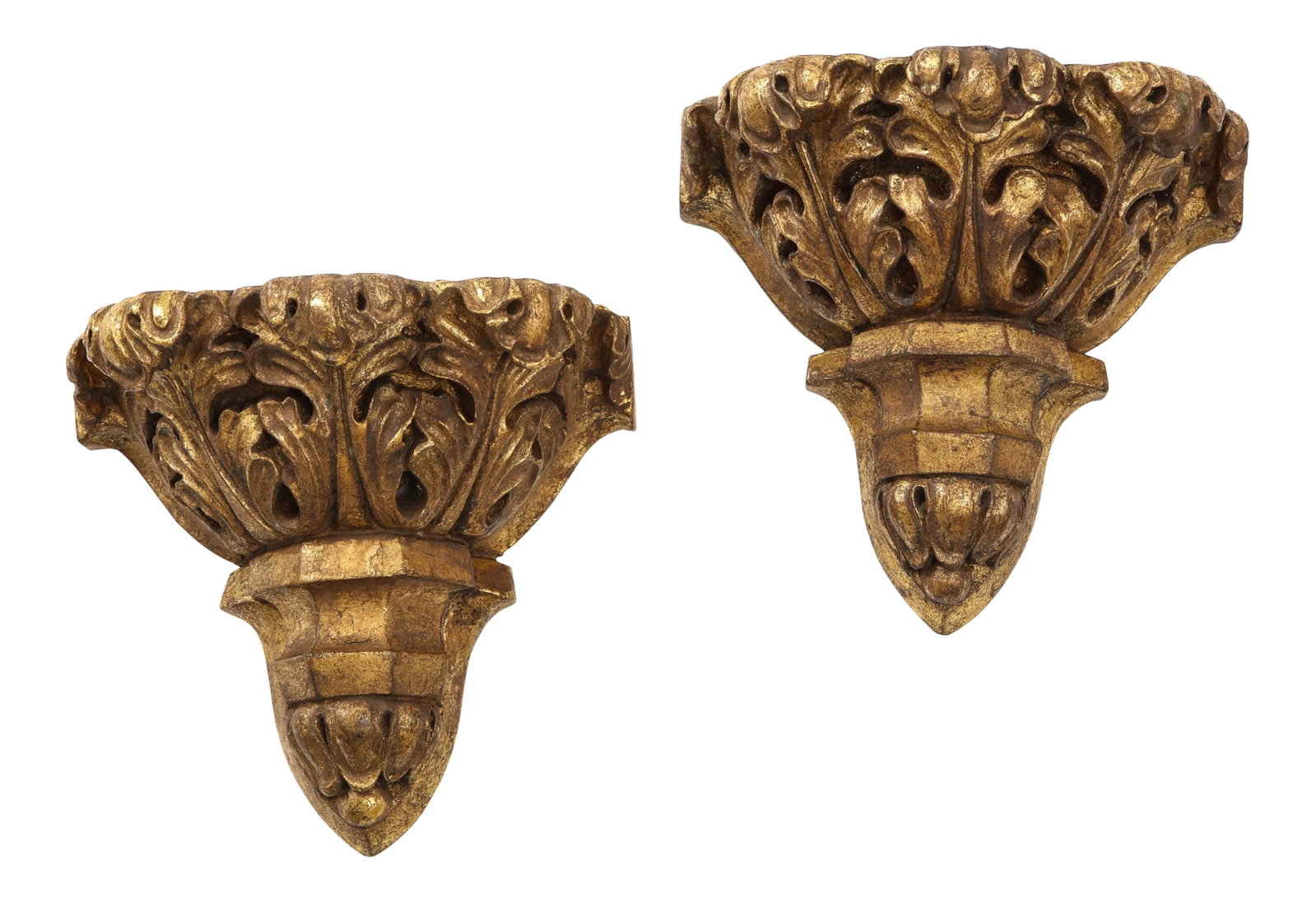 George IV Gilt Mahogany Wall Brackets - a Pair: Each boldly carved with furling oak leaves. Condition: Alterations: Unknown Imperfections: Some Imperfections Condition Notes: Good Wear consistent with age and use. Possibly gilt at a later date.