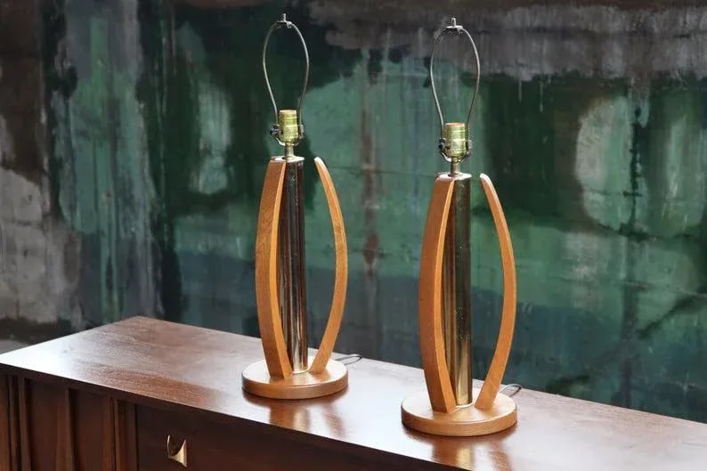 Mid Century Bentwood and Brass Table Lamps - a Pair - 6