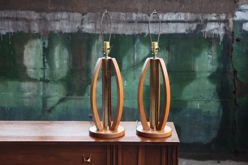 Mid Century Bentwood and Brass Table Lamps - a Pair - 7