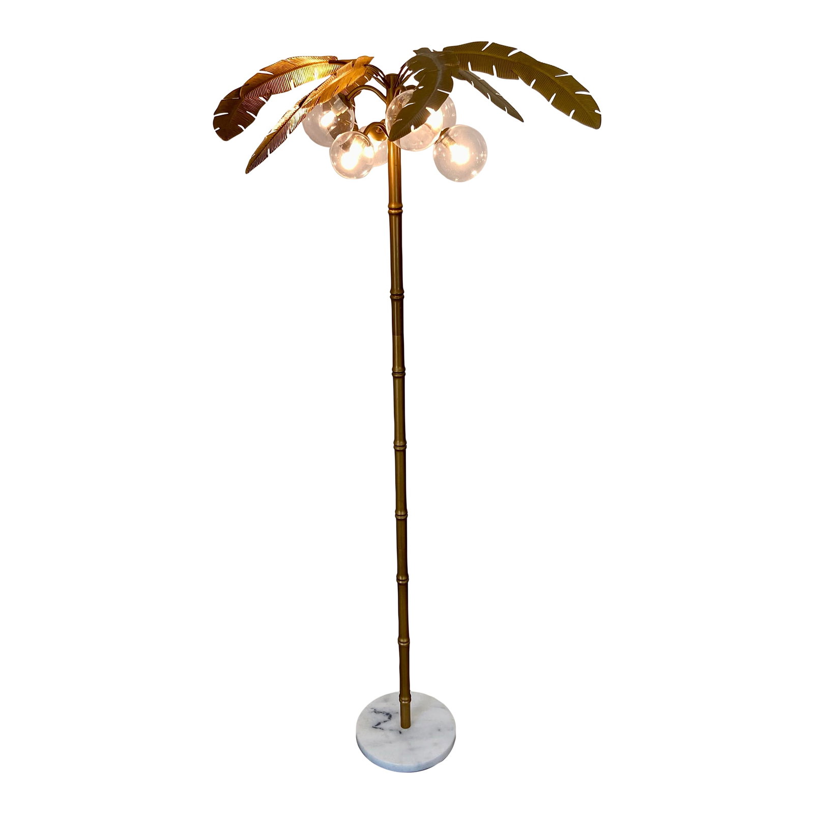 Vintage Mid Century Modern Chinoiserie Gold Palm Tree Floor Lamp: Offered is a Mid Century Palm tree floor lamp with six globe lights. The Palm fronds are removable for cleaning or transportation. It has a floor switch next to the marble base. Acquired from an estat