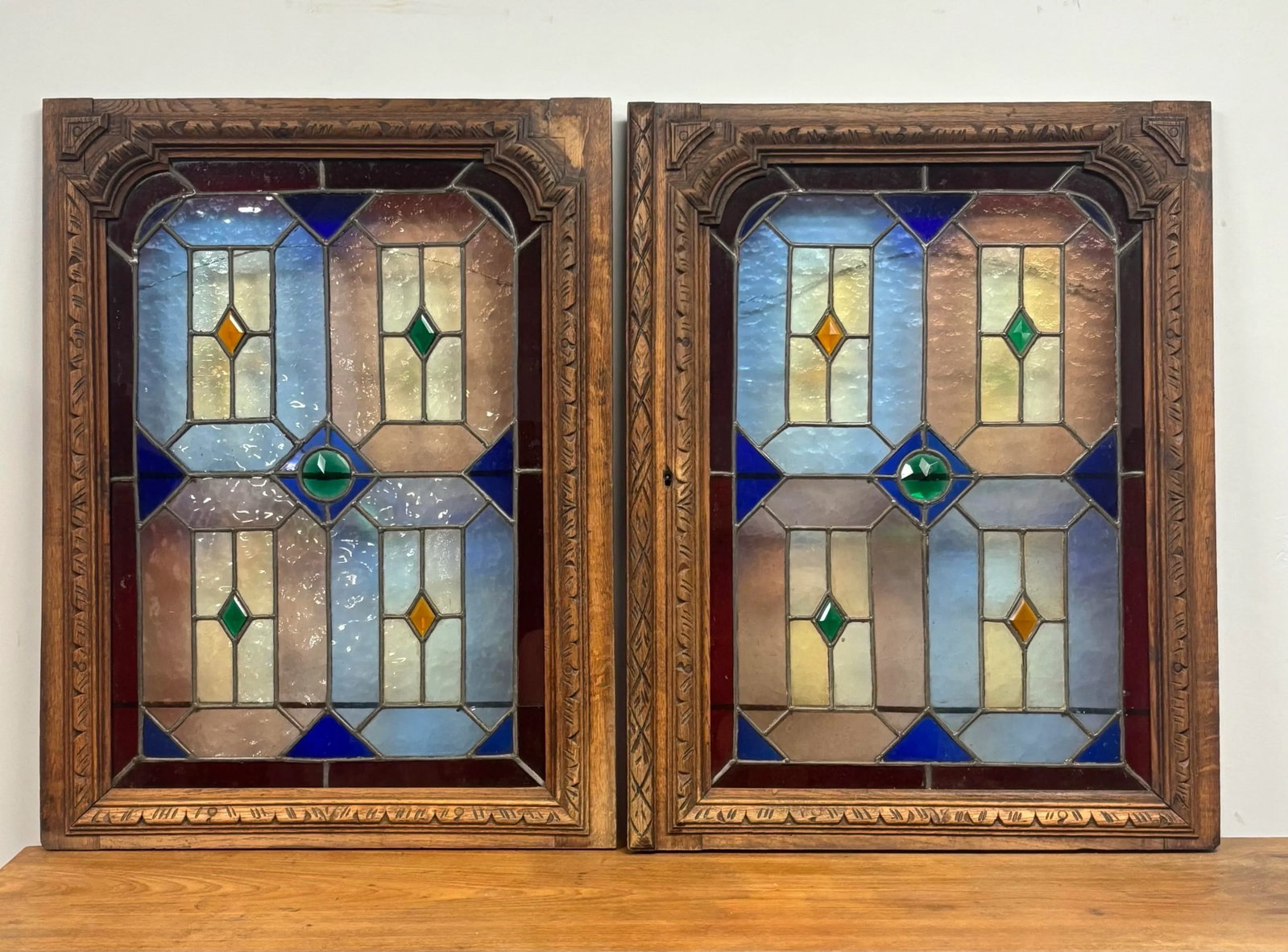 Antique Stained Glass and Wood Panels - A Pair - 10