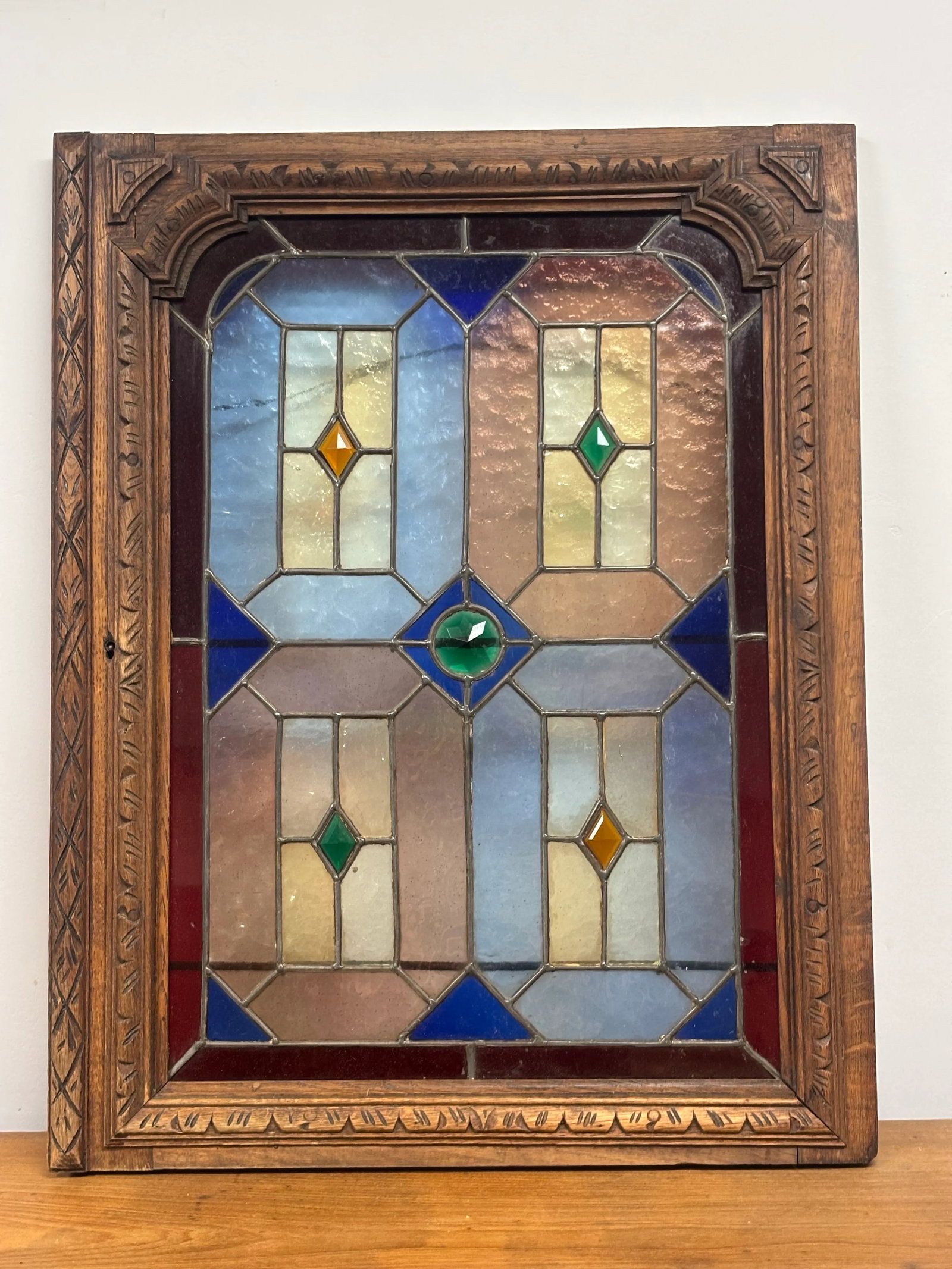 Antique Stained Glass and Wood Panels - A Pair - 7