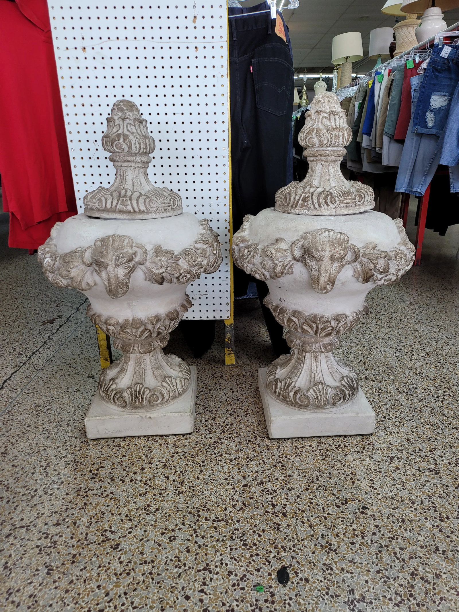Vintage Concrete Urns With Rams Heads & Garlands - 13