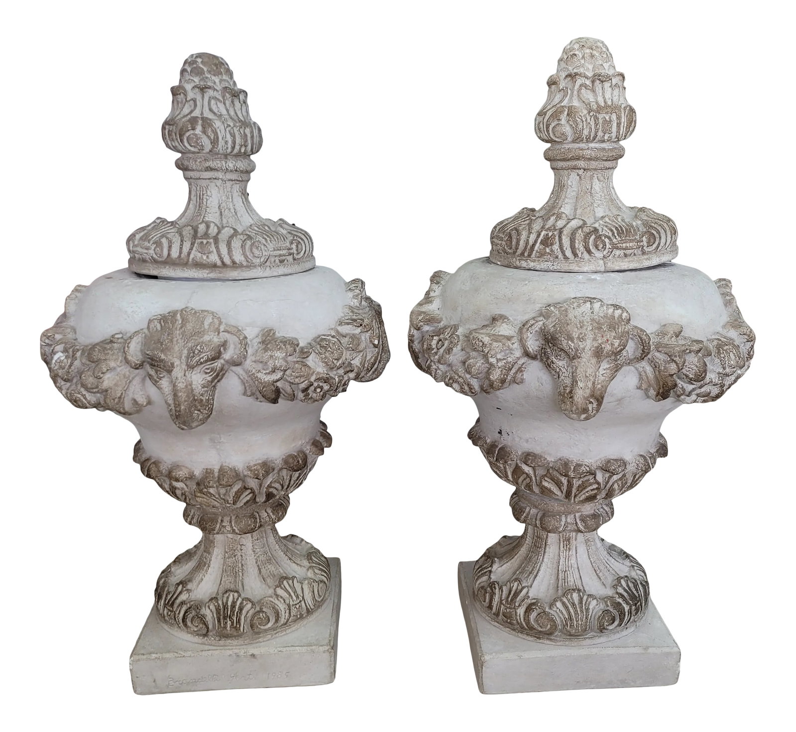 Vintage Concrete Urns With Rams Heads & Garlands: Vintage Concrete Urns With Rams Heads & Garlands sold as found in vintage condition previously owned and used. Condition: Alterations: Original Condition Unaltered Imperfections: Some Imperfections Co