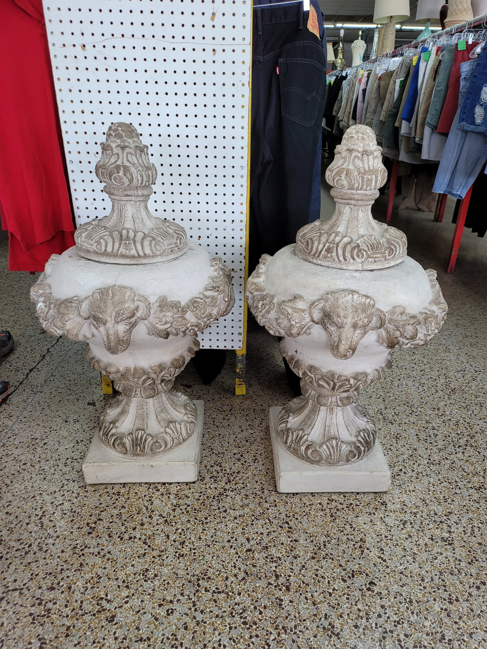 Vintage Concrete Urns With Rams Heads & Garlands - 2