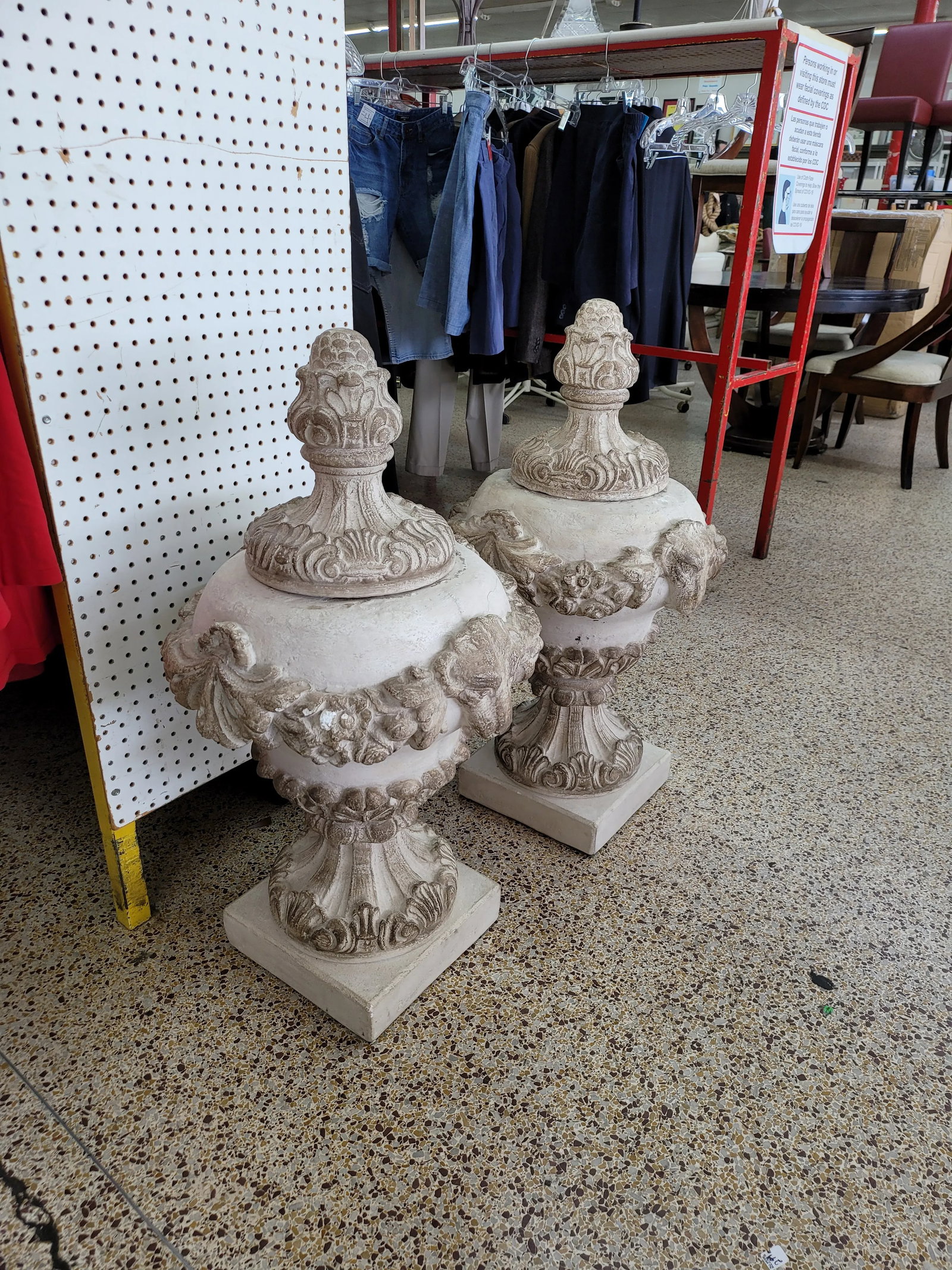 Vintage Concrete Urns With Rams Heads & Garlands - 3