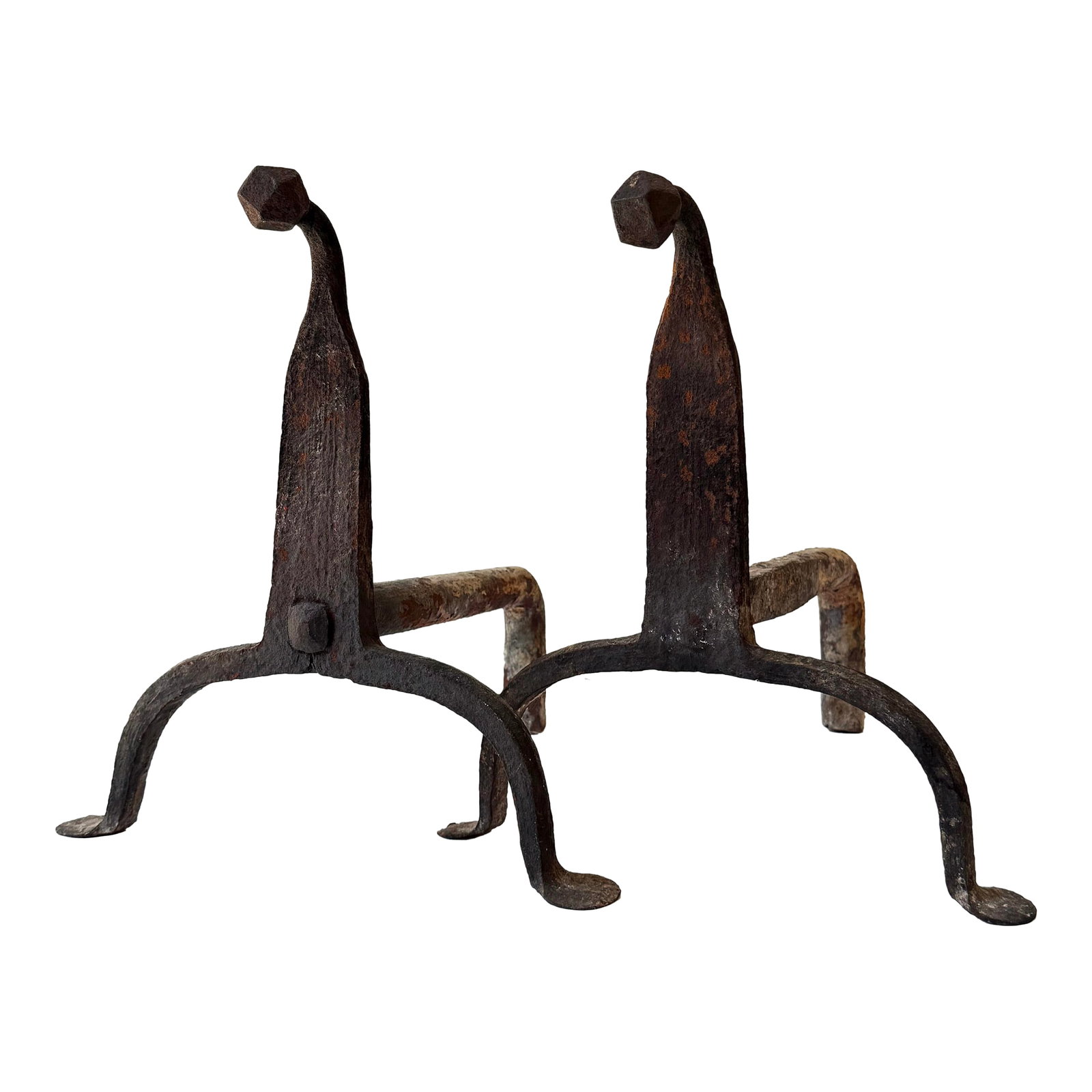 Pair of American Wrought Iron 'Goose-Neck' Andirons, Late 18th or Early 19th Century: A superb and scarce pair of hand-wrought iron andirons featuring elegantly curved "goose-neck" uprights, typical of American colonial craftsmanship. Dating to the late 1700s or early 1800s, these