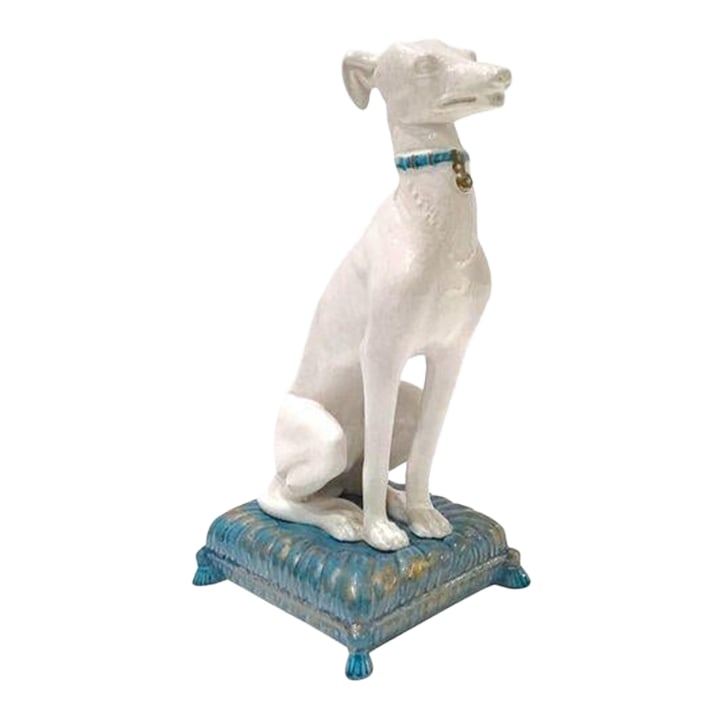 Vintage Italian Ceramic Whippet Figurine: Vintage Italian ceramic whippet dog figurine posed and sitting on a pillow. Marked "EM4, Meiselman Imports, Made In Italy, CB" on the underside. Condition: Alterations: Original Condition Unaltered