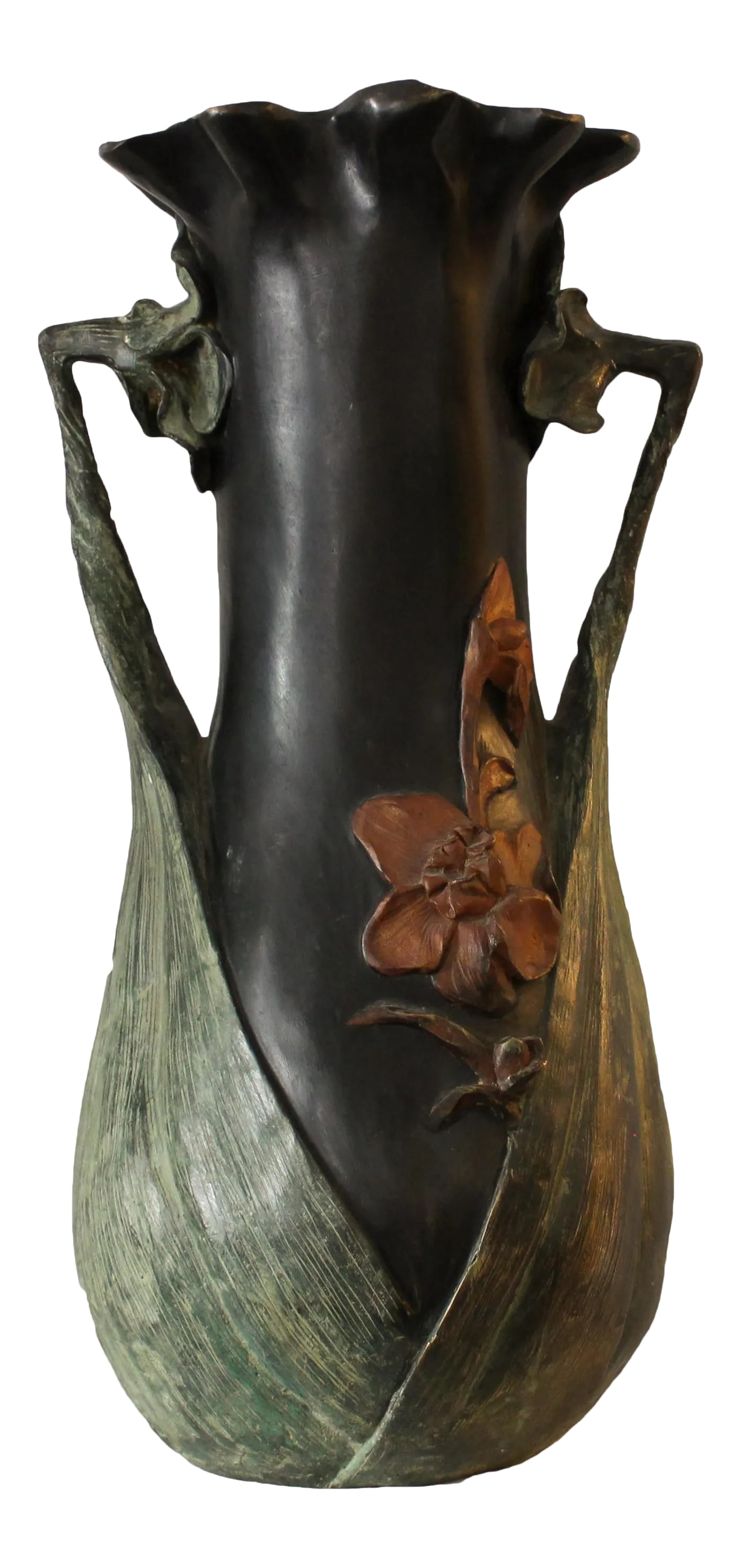 Antique Art Nouveau Bronze Enamel Hand-Painted Lily Flowers Vase in the Style of Daum Nancy From Bel: Art Nouve bronze enamel hand-painted lily flowers vase in the style of Daum Nancy from Belgium. Hand painted Lilly flowers with copper color. The handles are in the shape of the leaf of the lilly