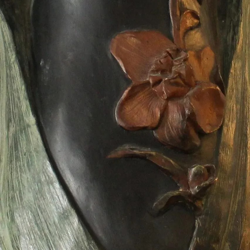 Antique Art Nouveau Bronze Enamel Hand-Painted Lily Flowers Vase in the Style of Daum Nancy From Bel - 3