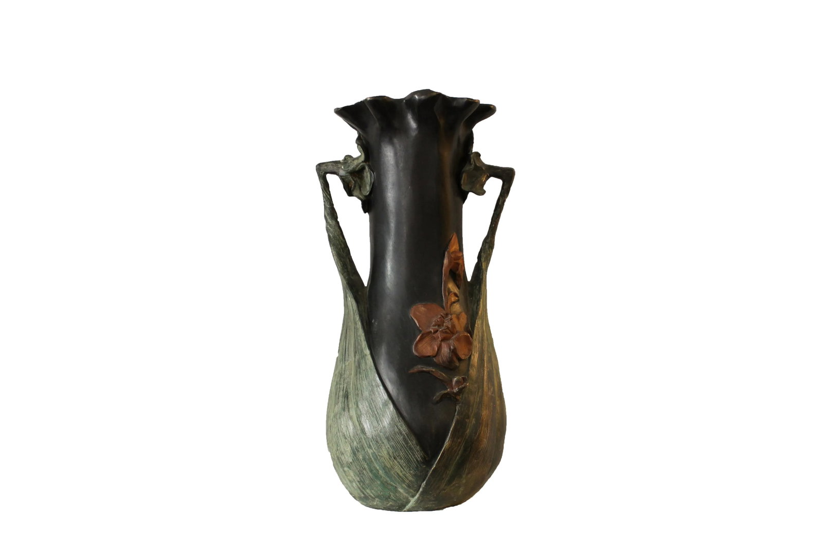 Antique Art Nouveau Bronze Enamel Hand-Painted Lily Flowers Vase in the Style of Daum Nancy From Bel - 4
