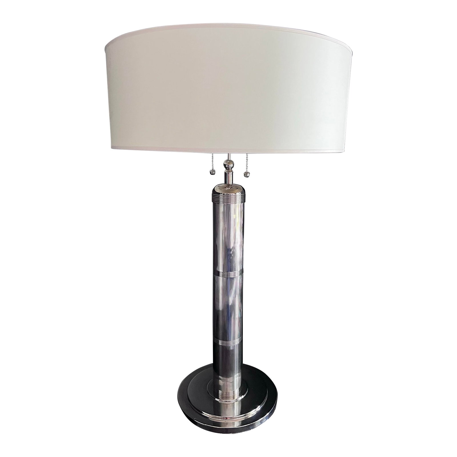 Thomas O'Brien for Visual Comfort Signature Longacre Tall Table Lamp in Polished Nickel: A substantial reeded stem in polished nickel anchors this Thomas O'Brien for Visual Comfort Signature Longacre Tall Table Lamp. The stepped, beveled base and crisp white linen drum shade create a