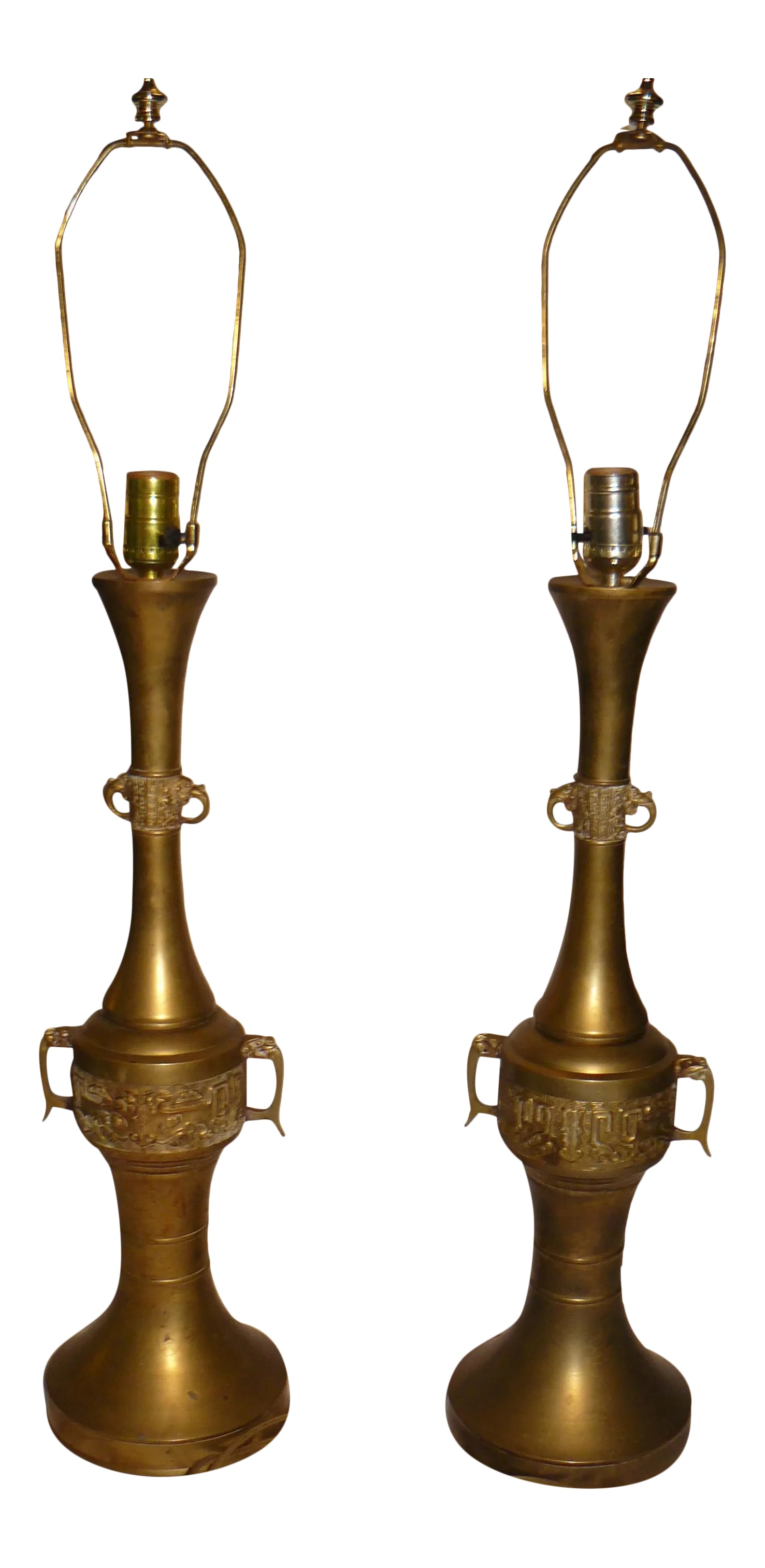 Mid-Century Asian Brass Lamps in the Style of James Mont - a Pair: Lovely pair of Brass Lamps, Mid-Century, in the style of Jame Mont, with Asian motif and elephants! Great condition, and I've left the finish as original as possible. Lamps appear to have been