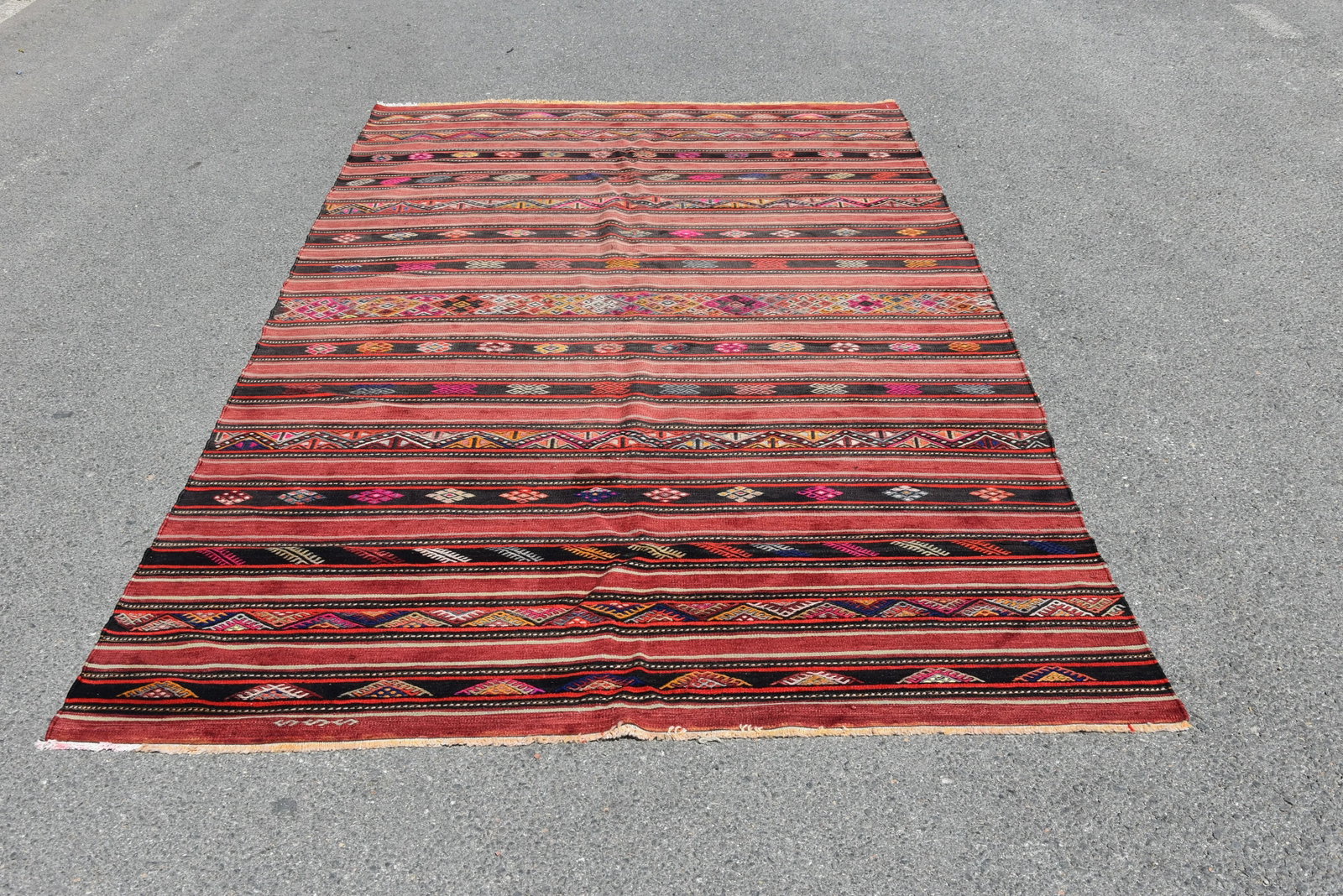 1980s Turkish Red Striped Cecim Oushak Kilim - 11