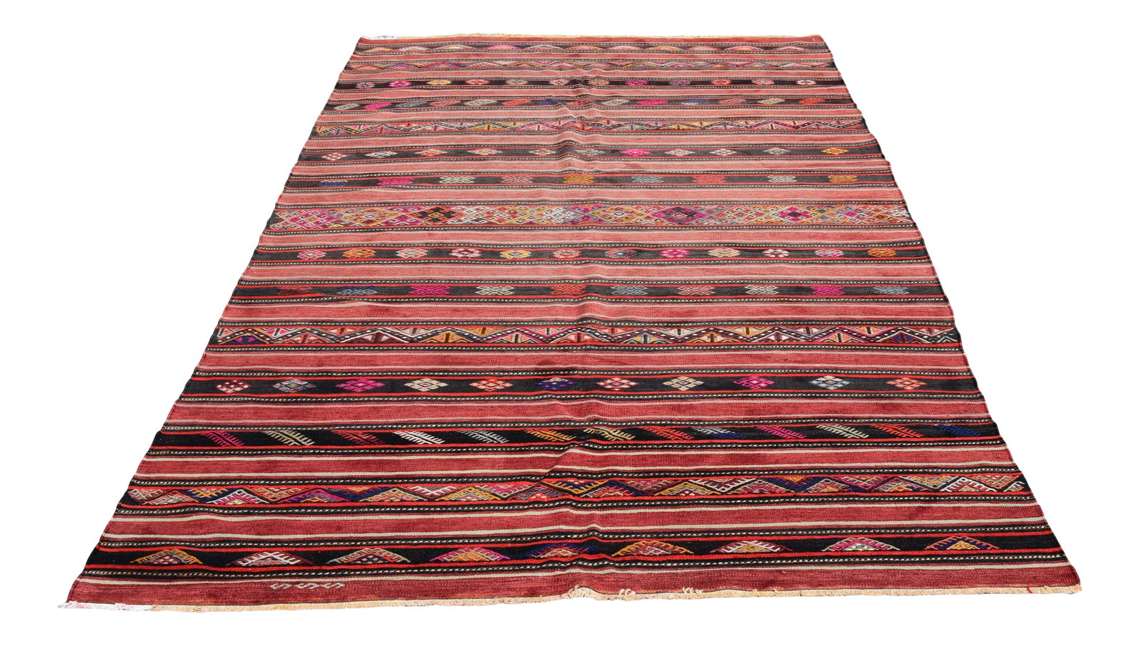 1980s Turkish Red Striped Cecim Oushak Kilim: Size: 5.5 x 10.5 ft - ( 170 x 321 cm) 67 x 126 inches - Color: Black - Brown - Red - Material: Wool Fast Shipping: Delivery in 1-3 Business Days. All rugs are handwoven by traditional tribes of