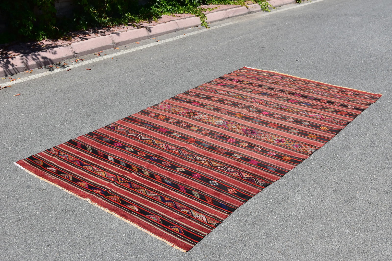 1980s Turkish Red Striped Cecim Oushak Kilim - 2