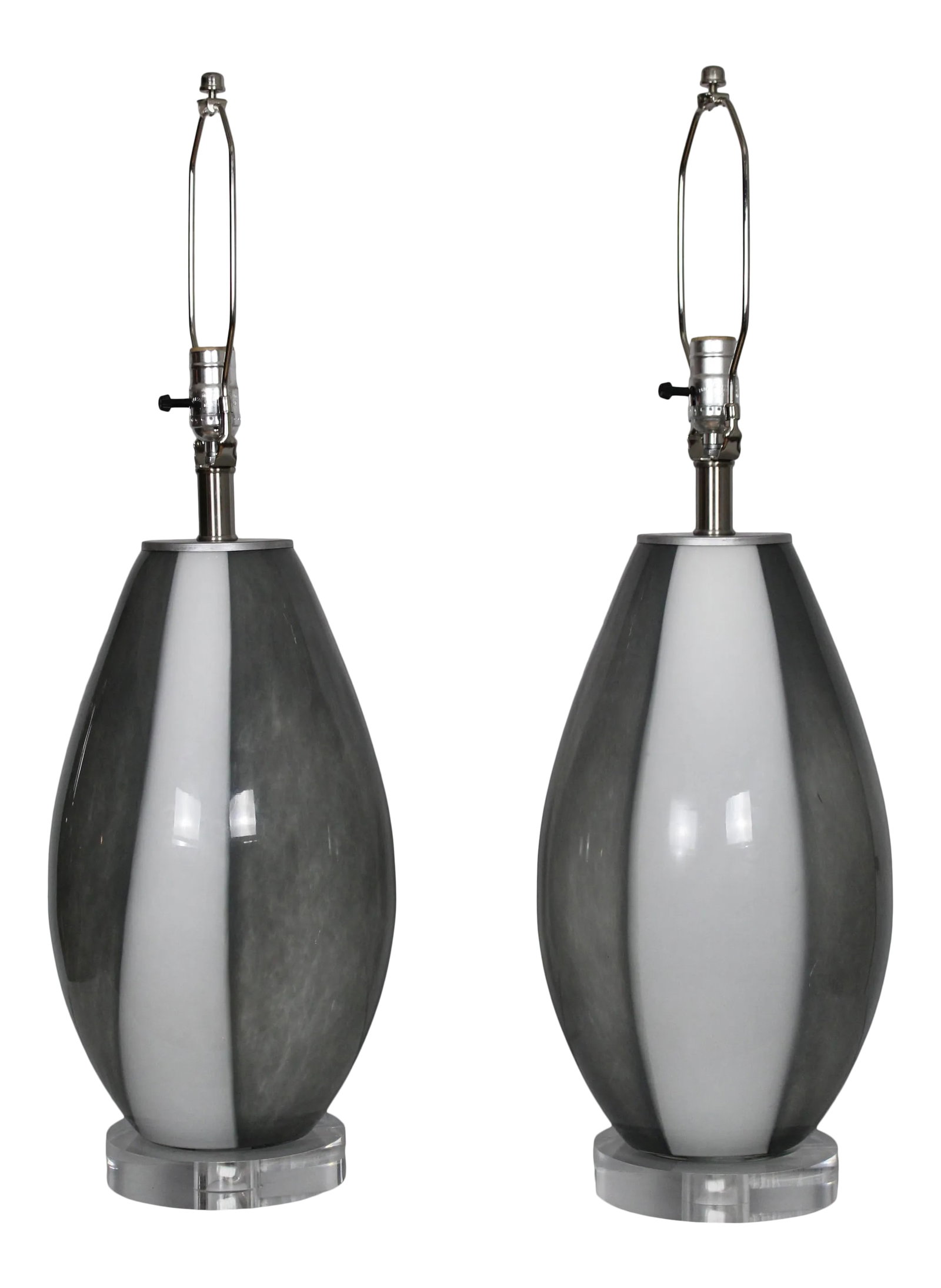 1960s Organic Shape Murano Glass Table Lamps - a Pair: Beautiful pair of Organic modern Murano glass table lamps. Hand blown dove gray and white accounts for variations in the glass. The bulk gives these lamps a presence. Mezza Murano in style. Lamps are
