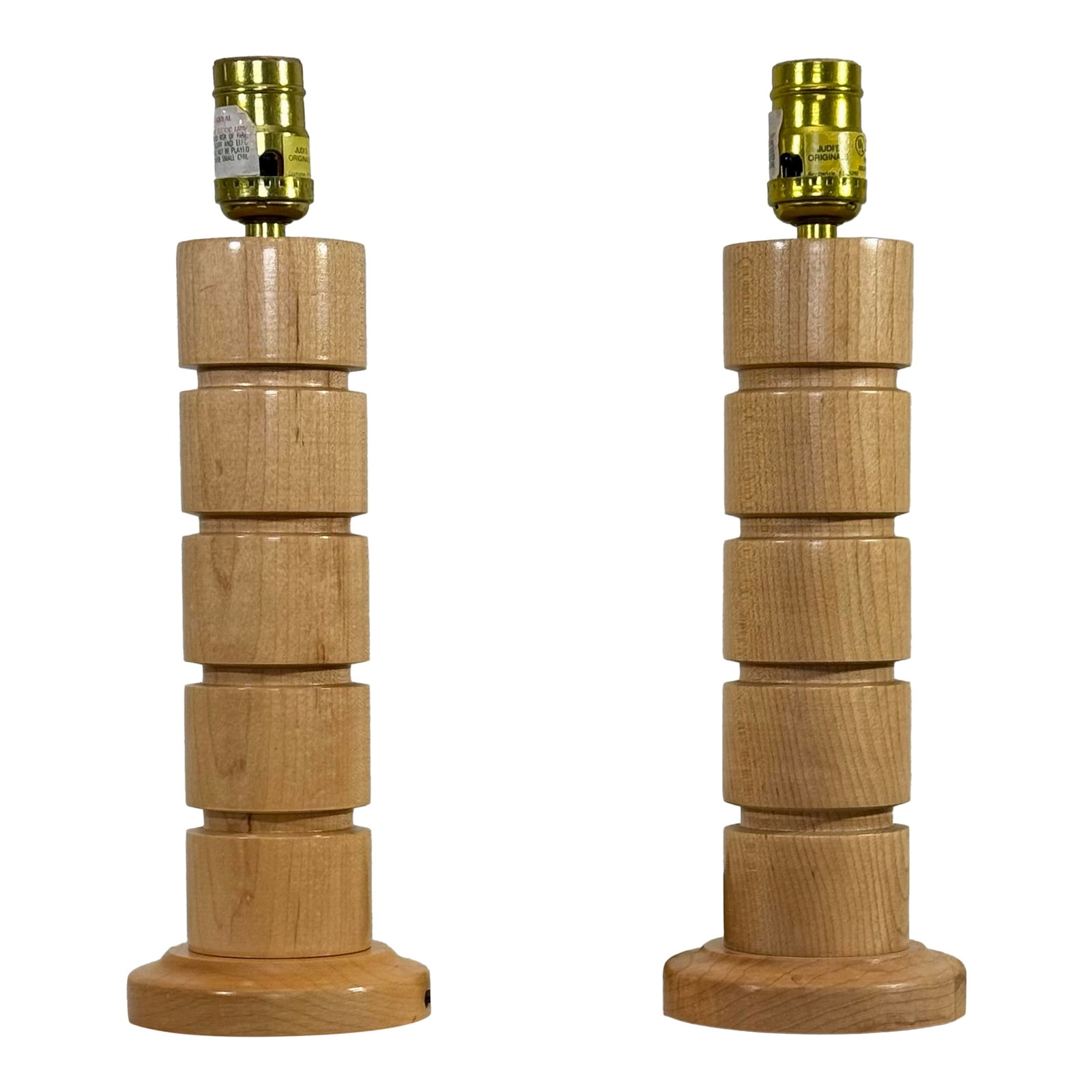 Mid Century Danish Modern Stacked Wood Table Lamps: A series of five round wood turned pieces embody this pair of Mid-Century Modern style table lamps. Reminiscent of Danish and Scandinavian minimalist aesthetic the stacked wood discs have a clean, nat