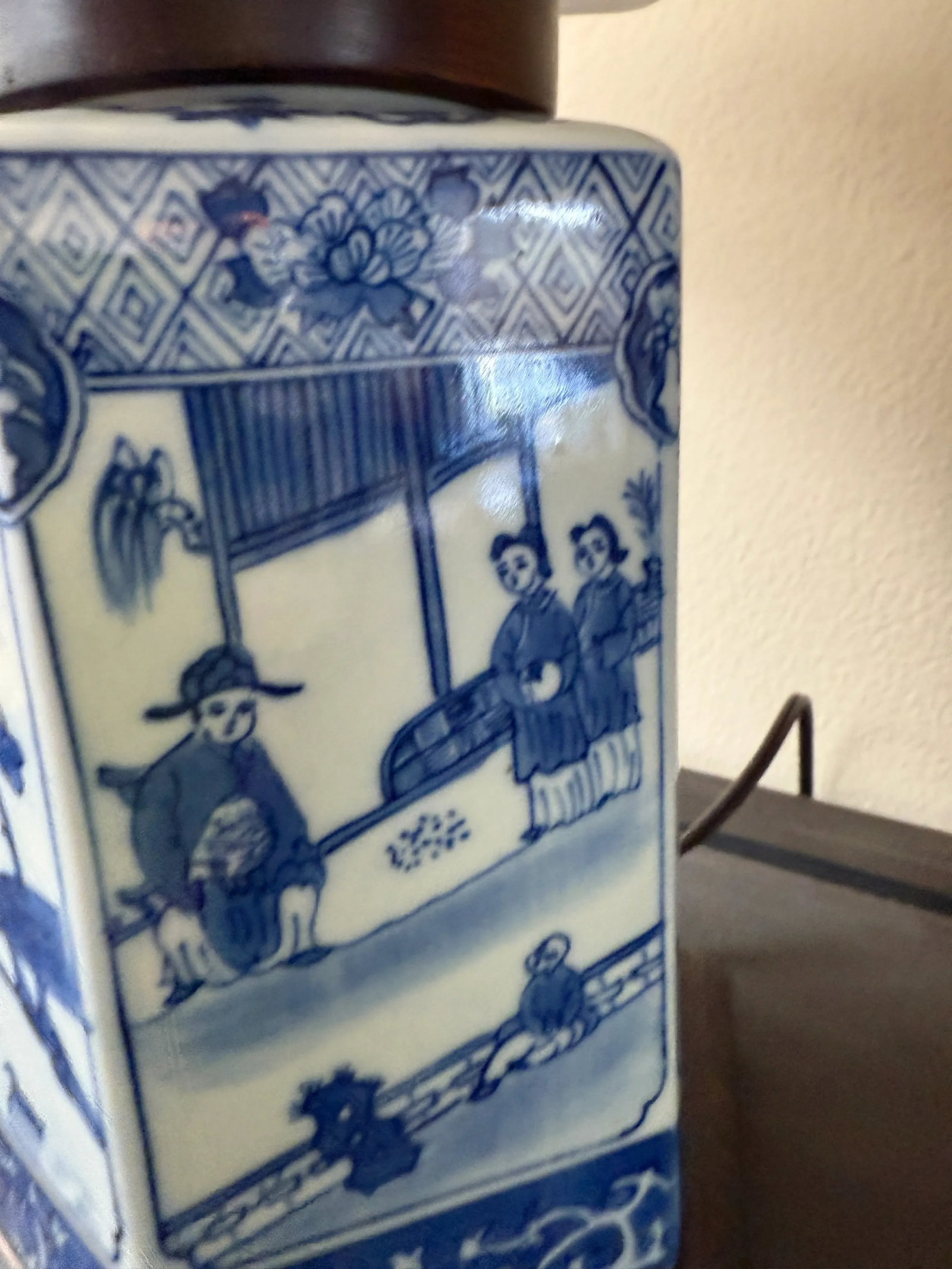 Blue and White Vintage Lamps With Asian Motifs, a Pair, Silk Shades - 2