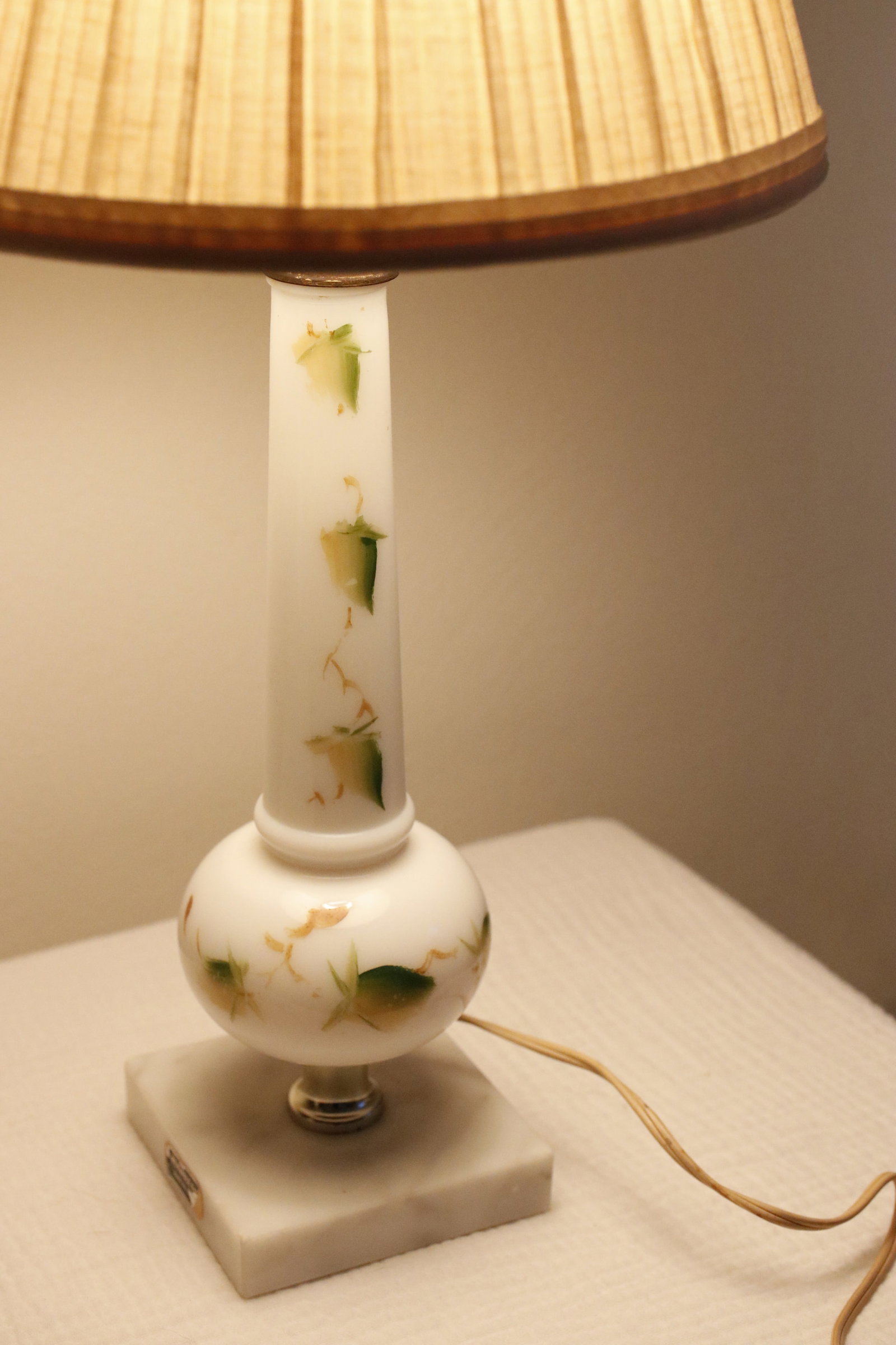 Mid Century Italian Marble & Hand-Painted Blown Milk Glass Table Lamps With Original Shades - A Pair - 3