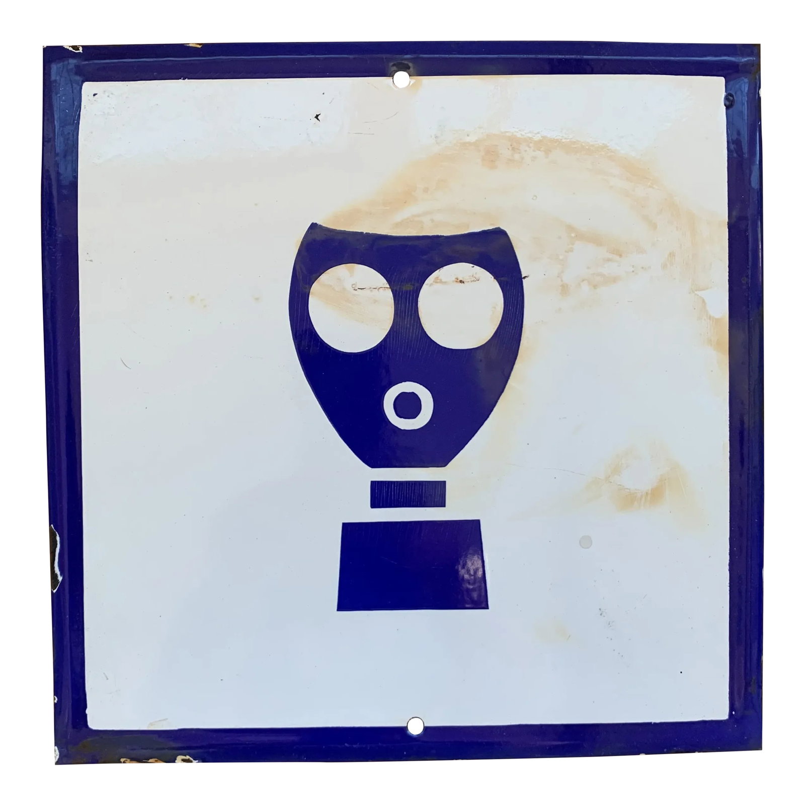 Vintage Blue and White Industrial Enamel Factory Sign: Unique vintage metal enamel factory sign depicting an image of a mask. Most likely used in a factory or chemical plant. Some rust spots and chips to enamel. Would be excellent to use in a teenagers