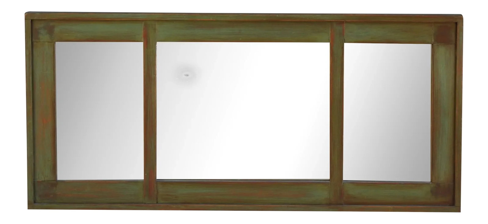Antique 1920s 3 Panels Wall Mirror in Painted Wood Frame: A handsome, somewhat rustic, antique mirror with 3 framed panels of original mirror. Newly painted a rich green which has been rubbed back to reveal quite a bit of the original wood. It has a satin
