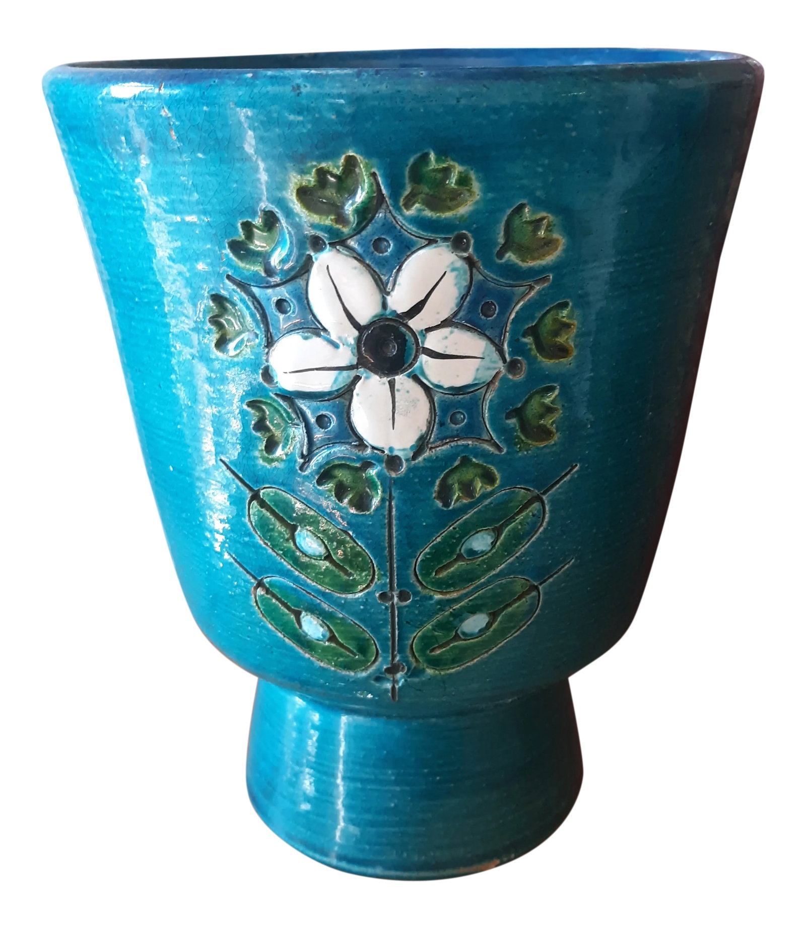 Vintage Aldo Londi Turquoise Footed Vessel Vase: Fantastic mid century modern footed vase designed by Aldo Londi for Bitossi/Rimini Blu. Each side features a different flowering plant. The glaze varies in blue/turquoise and green shades. Signed on t