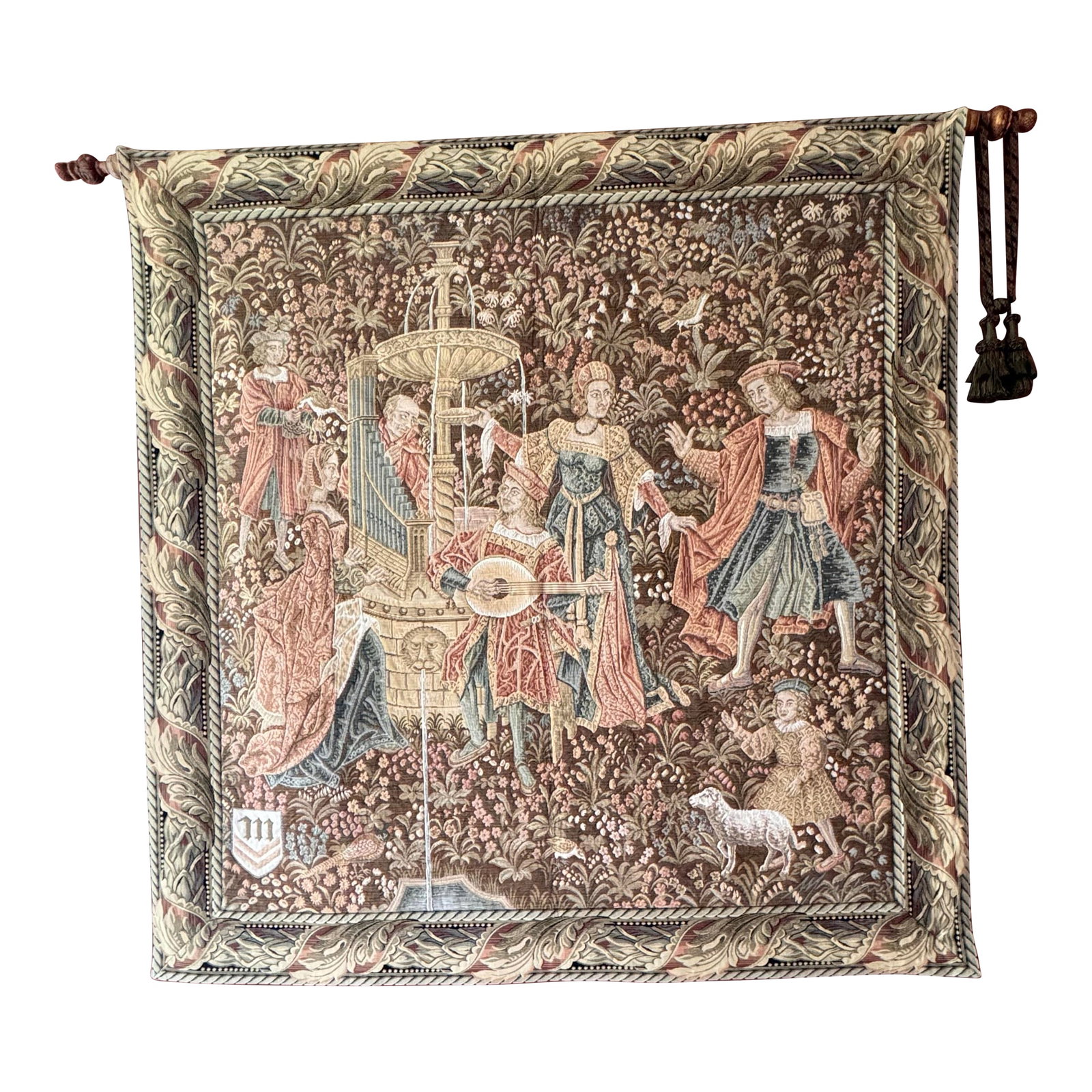 Vintage Aubusson Style Tapestry With Medieval Design: This aubusson style tapestry depicts a medieval scene of a maiden at a fountain with her suitor. The maiden is fetching a pan of water from a fountain that is spewing water from multiple terraces.