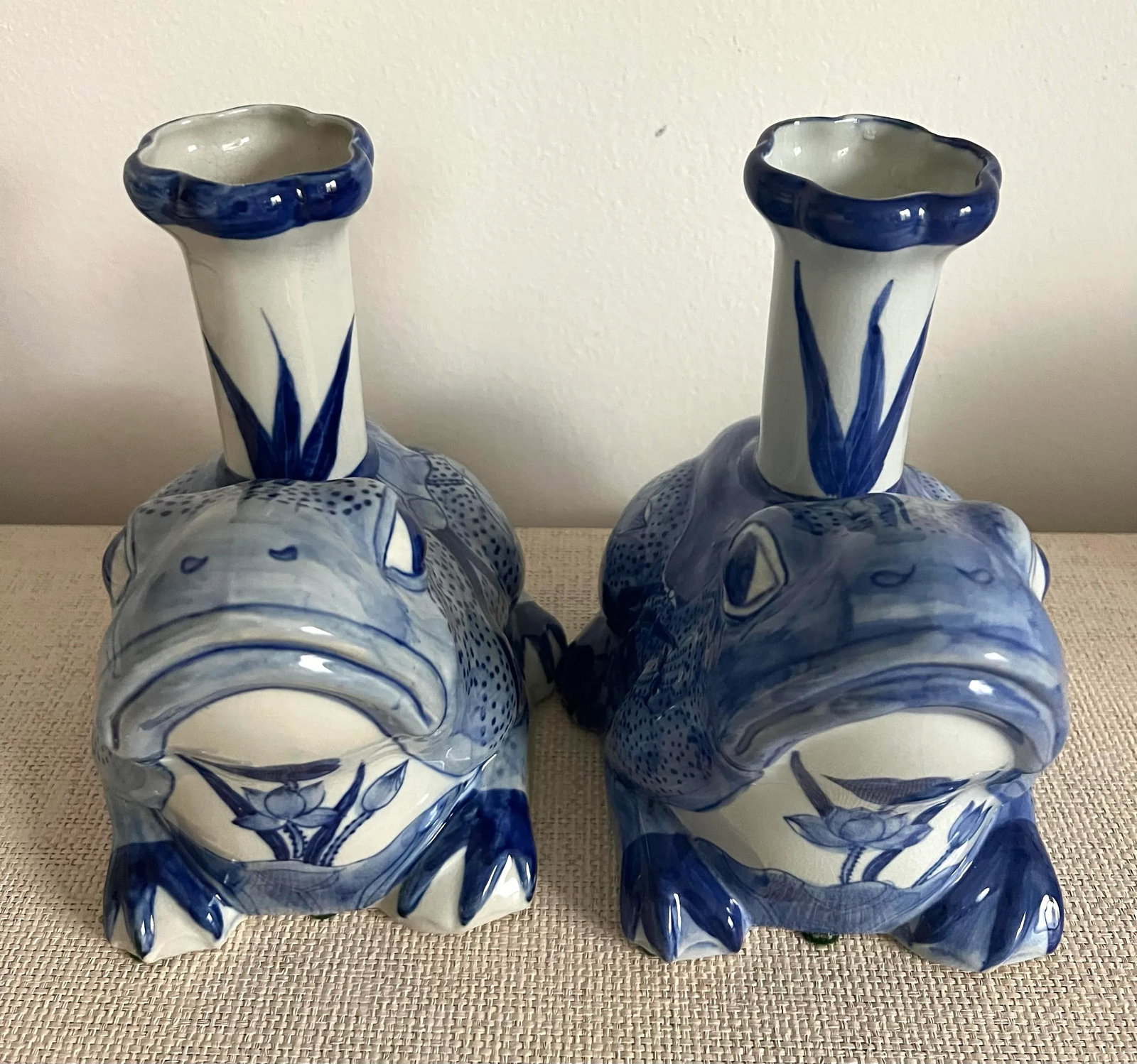 Blue and White Porcelain Frog Candle Stick Holders - A Pair - 11
