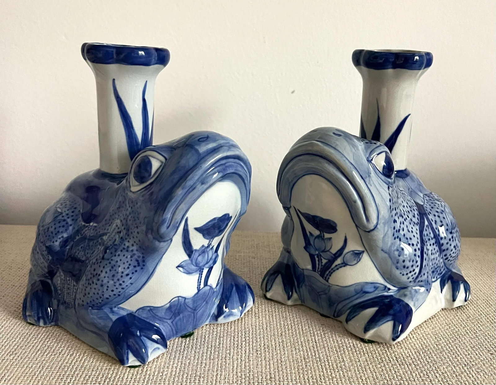Blue and White Porcelain Frog Candle Stick Holders - A Pair - 2