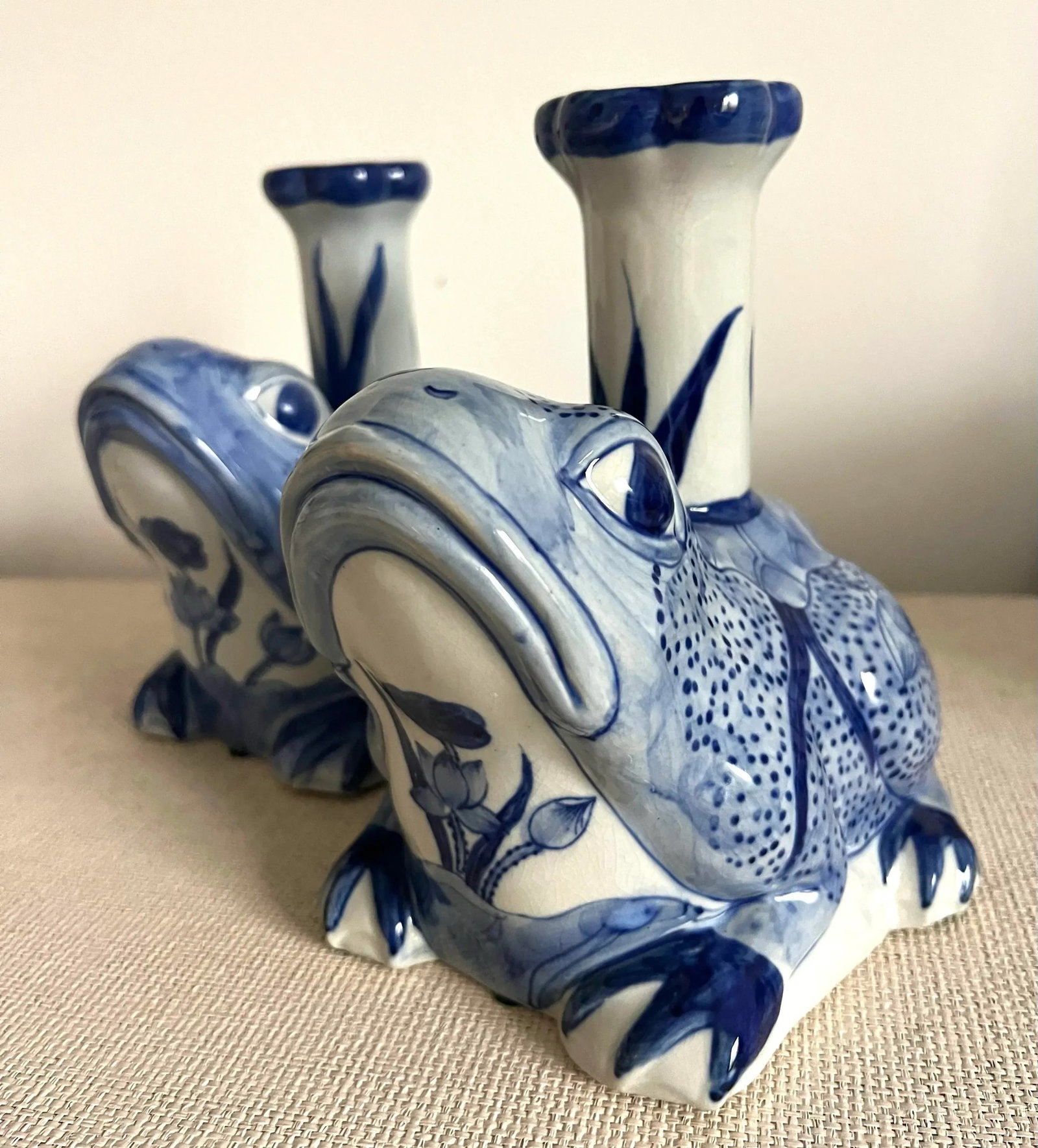 Blue and White Porcelain Frog Candle Stick Holders - A Pair - 3