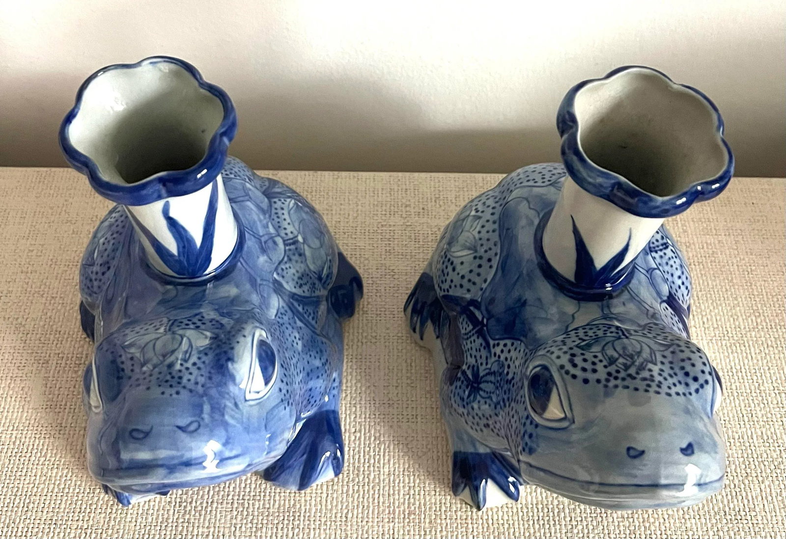 Blue and White Porcelain Frog Candle Stick Holders - A Pair - 4