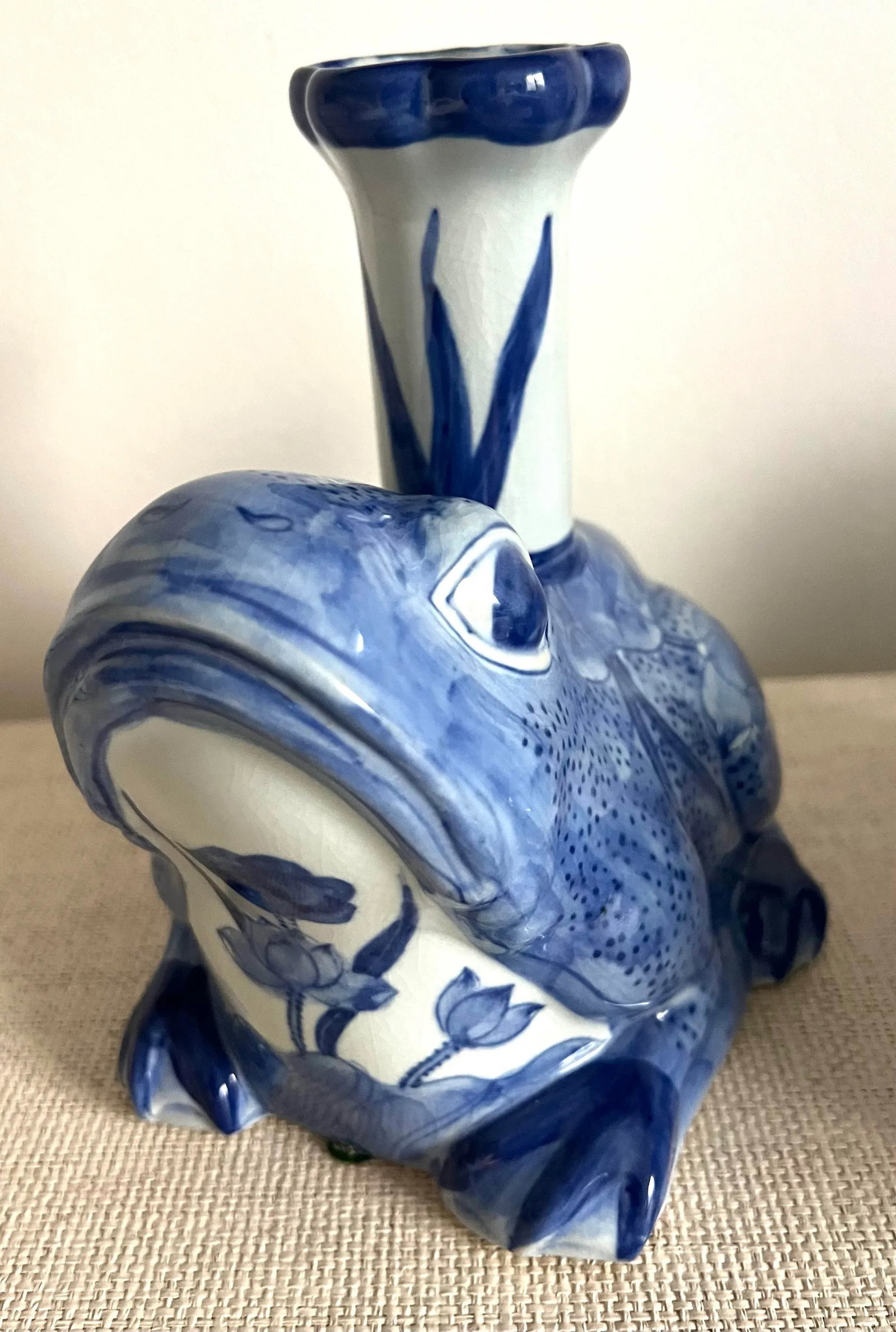 Blue and White Porcelain Frog Candle Stick Holders - A Pair - 5