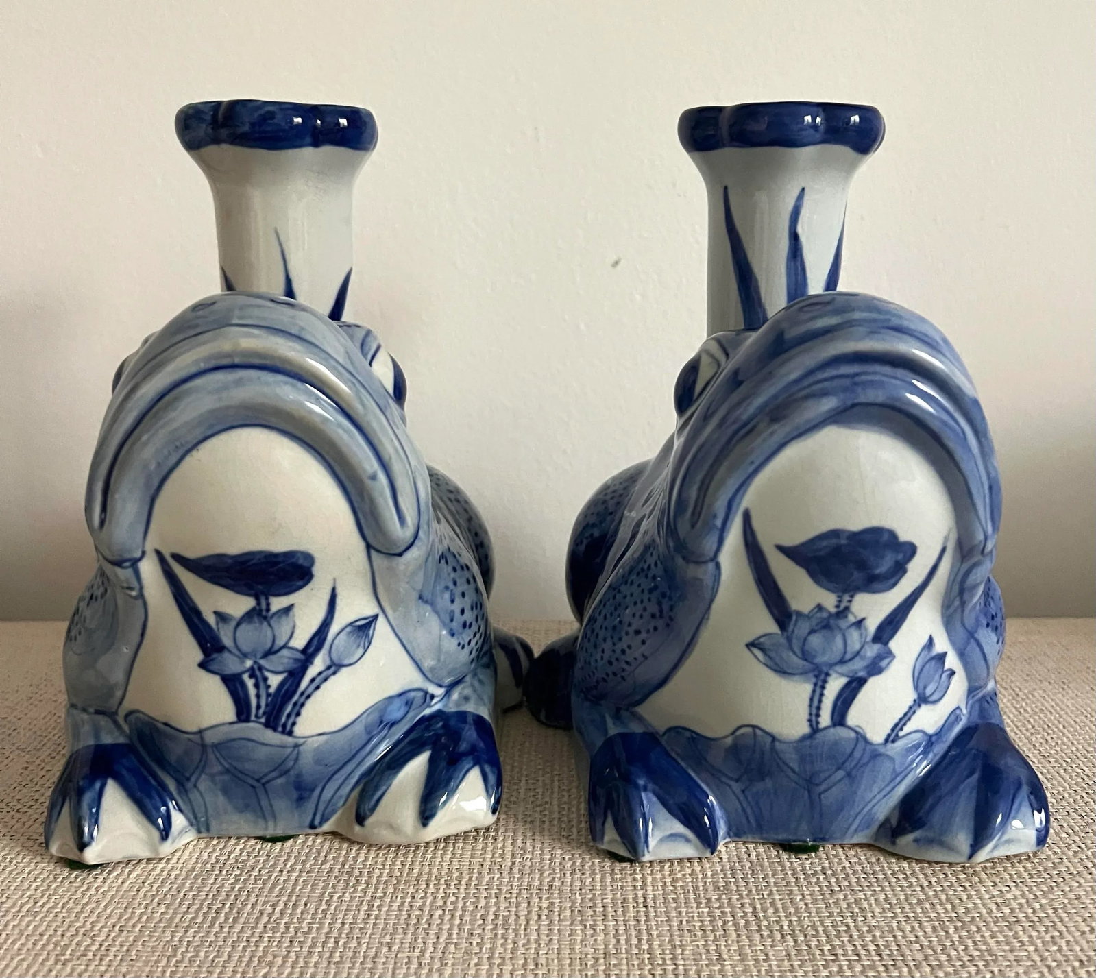 Blue and White Porcelain Frog Candle Stick Holders - A Pair - 6