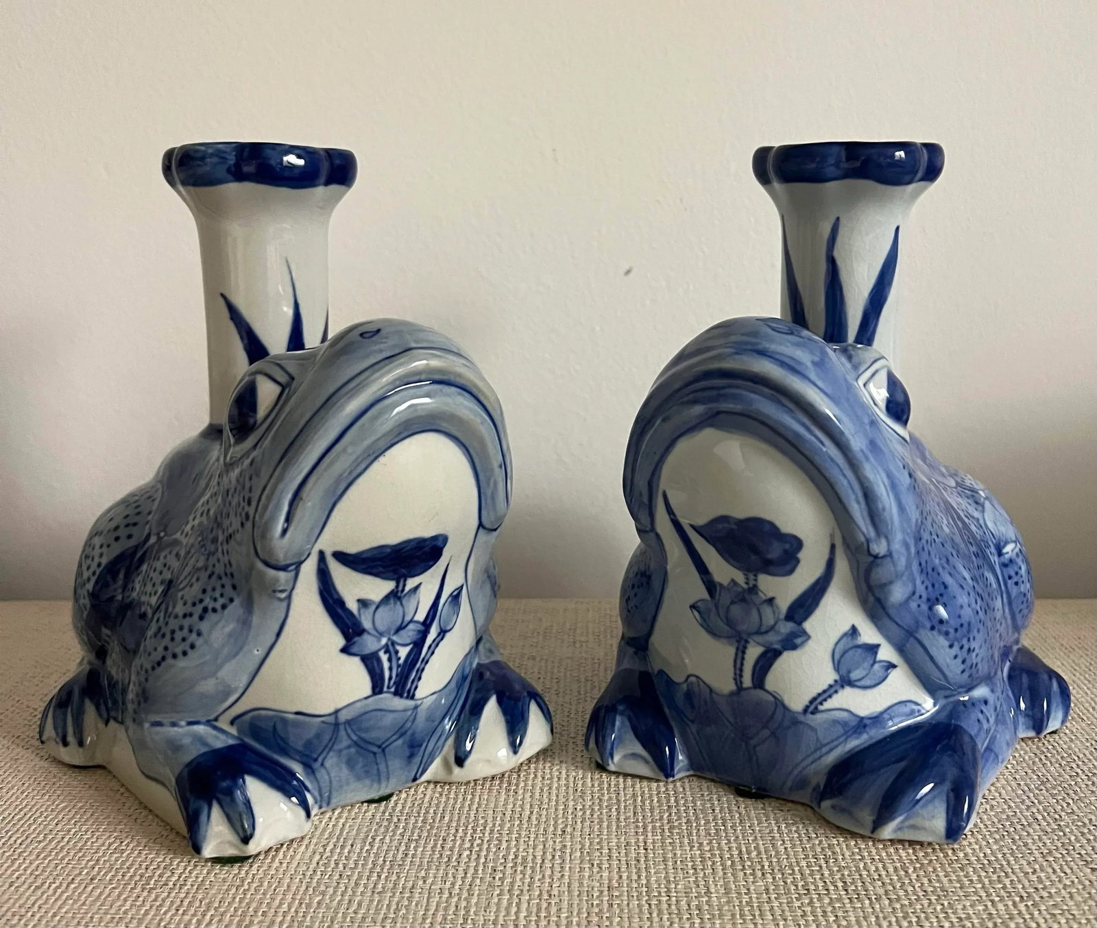 Blue and White Porcelain Frog Candle Stick Holders - A Pair - 7