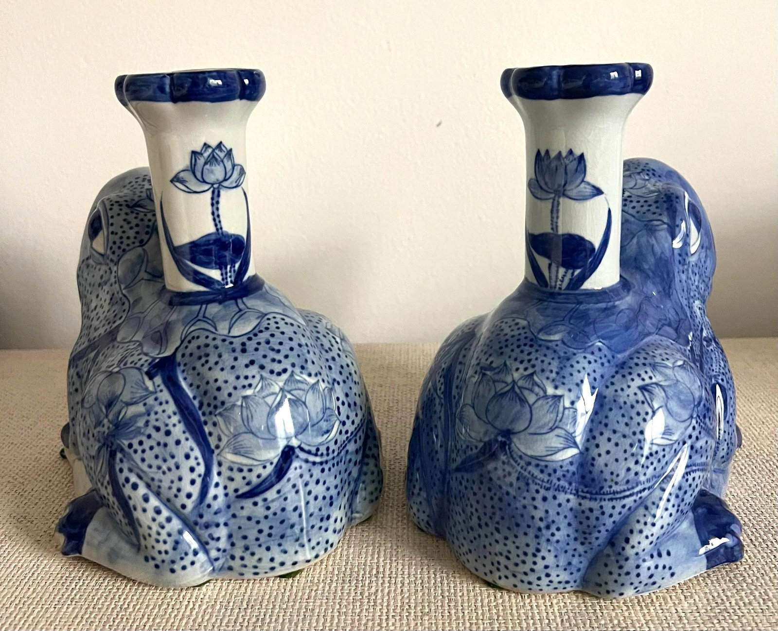 Blue and White Porcelain Frog Candle Stick Holders - A Pair - 8